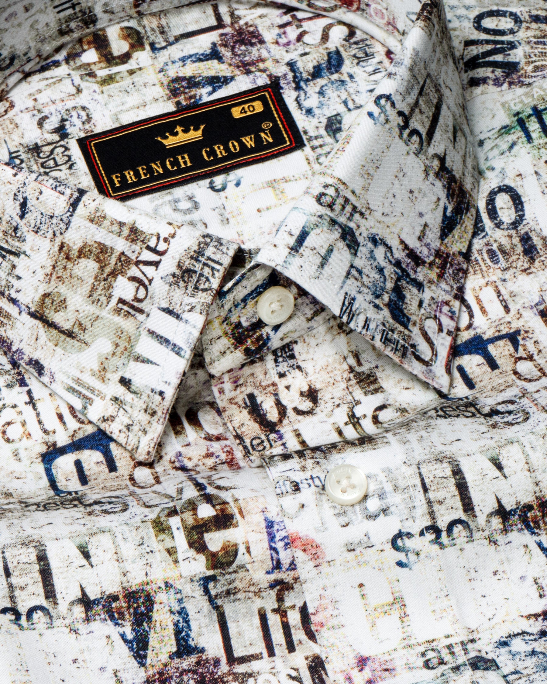 White with Multi-color words Printed Premium Satin Shirt 4649-46, 4649-H-46, 4649-H-48, 4649-50, 4649-H-50, 4649-52, 4649-H-52, 4649-44, 4649-H-44, 4649-H-42, 4649-38, 4649-H-38, 4649-39, 4649-48, 4649-H-39, 4649-40, 4649-H-40, 4649-42