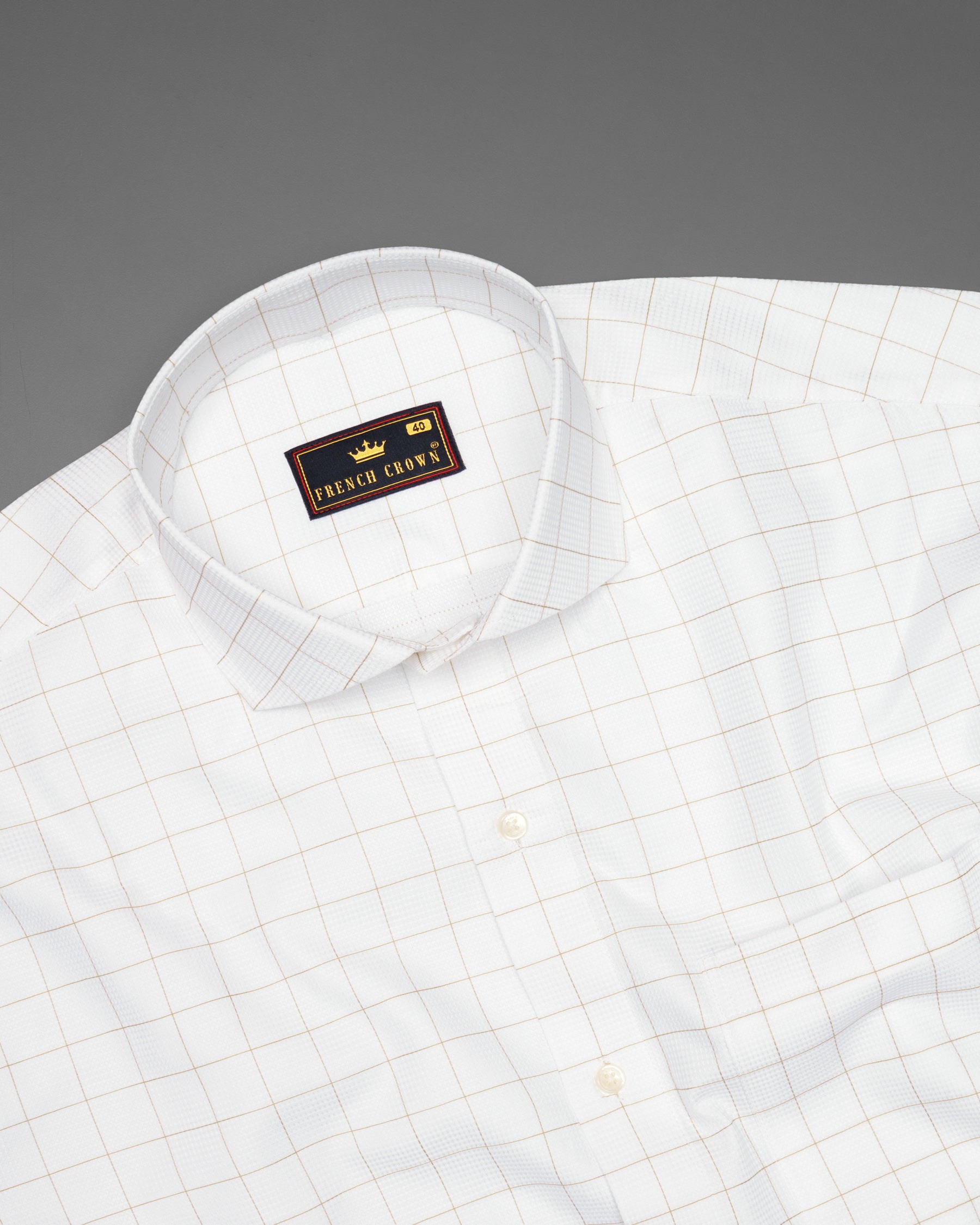 Bright White with Sorrel Brown Windowpane Dobby Textured Premium Giza Cotton Shirt