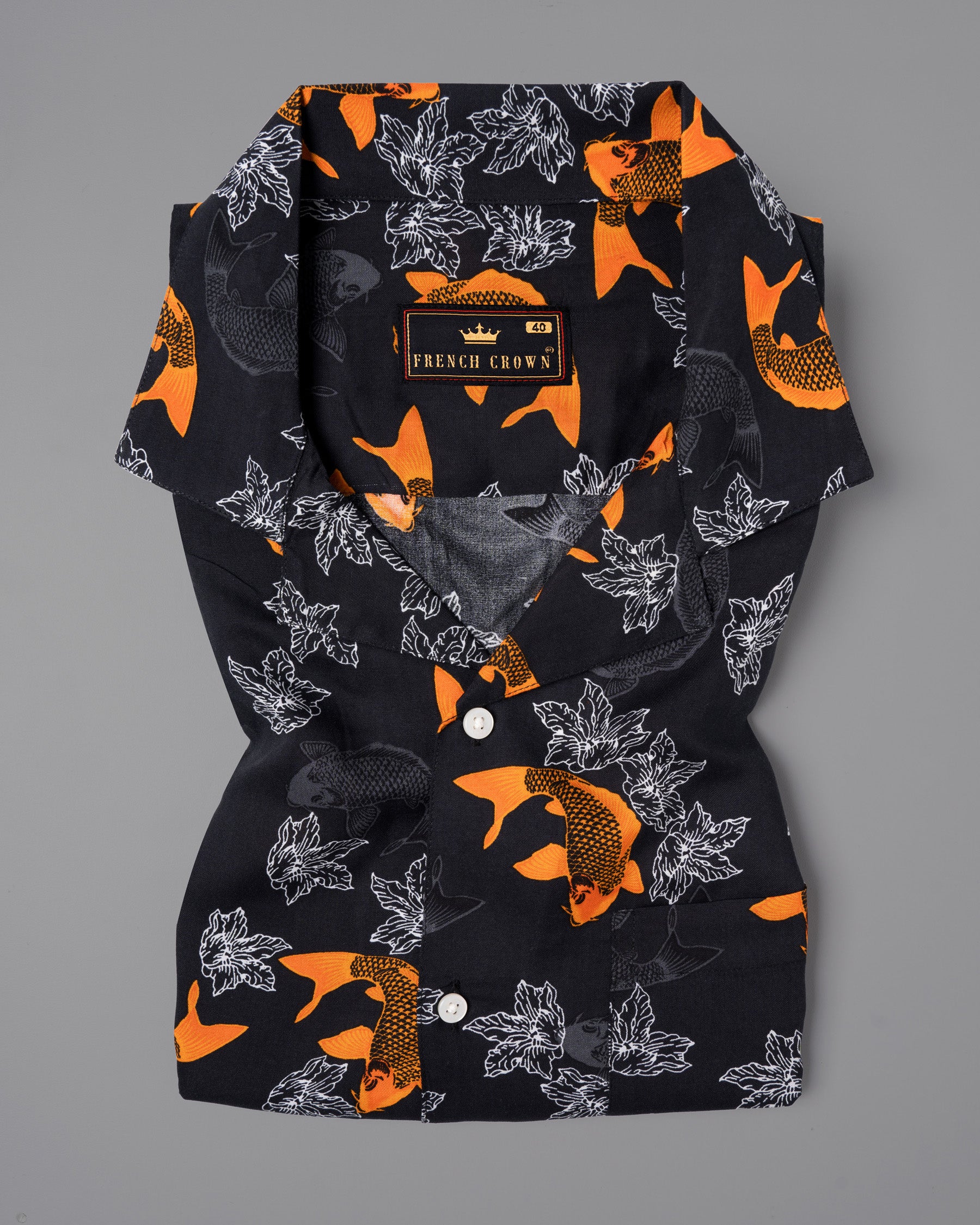 Jade Black Fish and Flower Printed Tencel Shirt 4908-CC-H-38, 4908-CC-H-39, 4908-CC-H-40, 4908-CC-H-42, 4908-CC-H-44, 4908-CC-H-46, 4908-CC-H-48, 4908-CC-H-50, 4908-CC-H-52