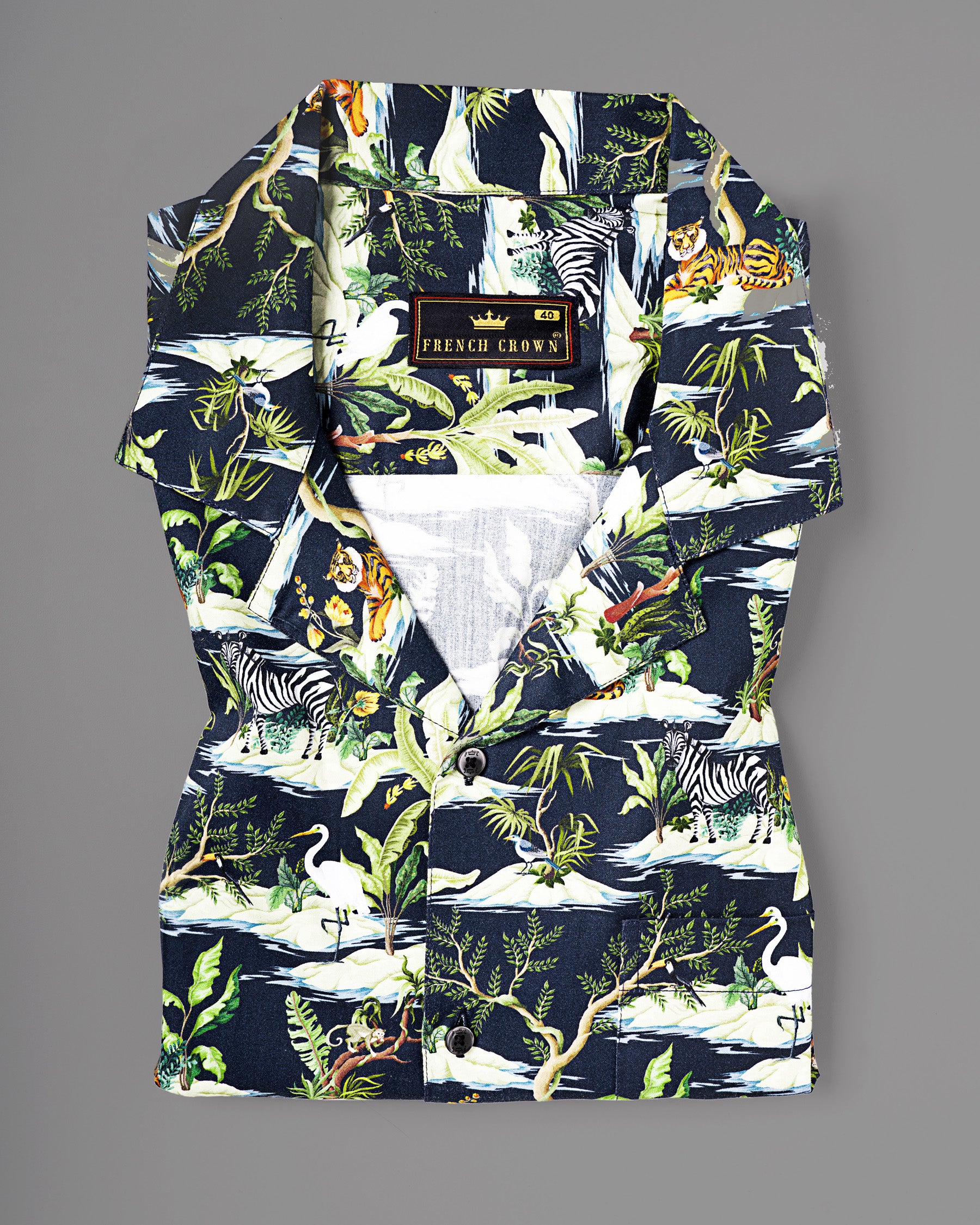 Navy Jungle Art Print Premium Cotton Shirt 4929-CC-BLK-H-39, 4929-CC-BLK-H-44, 4929-CC-BLK-H-46, 4929-CC-BLK-H-48, 4929-CC-BLK-H-50, 4929-CC-BLK-H-52, 4929-CC-BLK-H-38, 4929-CC-BLK-H-40, 4929-CC-BLK-H-42