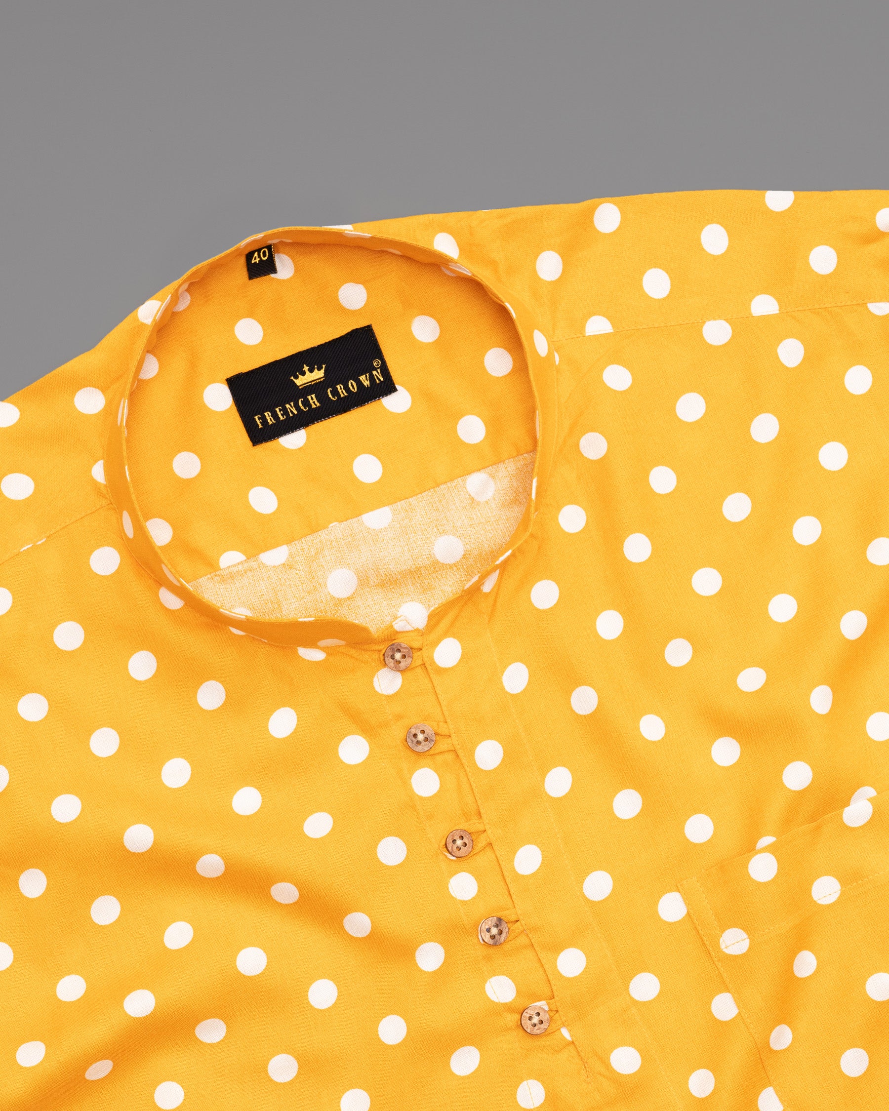 Golden Tainoi Yellow Polka Dotted Tencel Kurta Style Beach Shirt