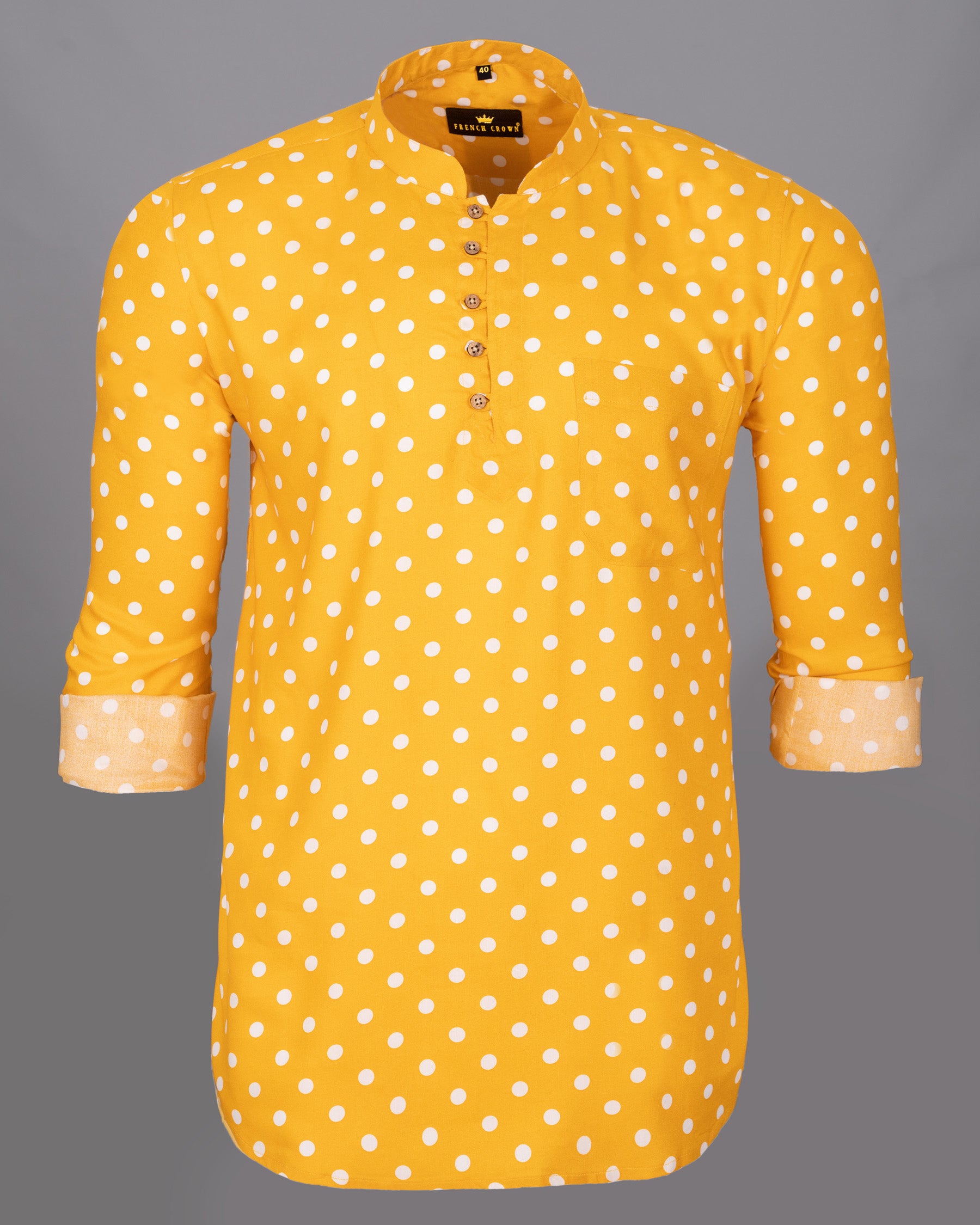 Golden Tainoi Yellow Polka Dotted Tencel Kurta Style Beach Shirt