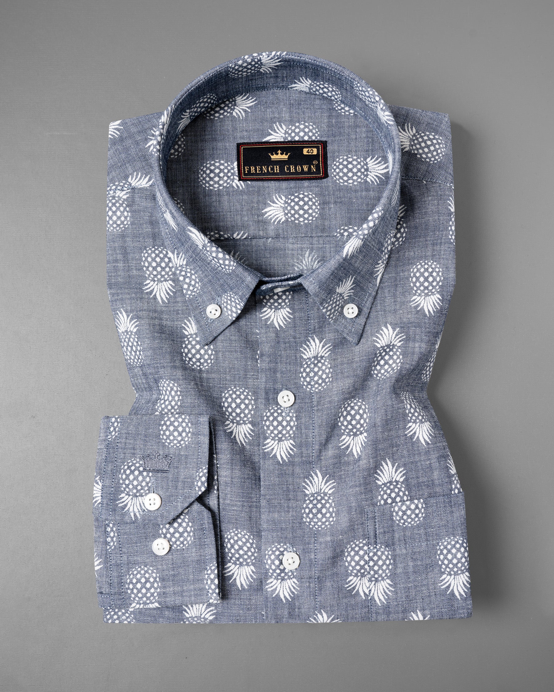 Denim Grey Pineapple Printed Chambray Premium Cotton Shirt 5333-BD-38, 5333-BD-H-38, 5333-BD-39, 5333-BD-H-39, 5333-BD-40, 5333-BD-H-40, 5333-BD-42, 5333-BD-H-42, 5333-BD-44, 5333-BD-H-44, 5333-BD-46, 5333-BD-H-46, 5333-BD-48, 5333-BD-H-48, 5333-BD-50, 5333-BD-H-50, 5333-BD-52, 5333-BD-H-52