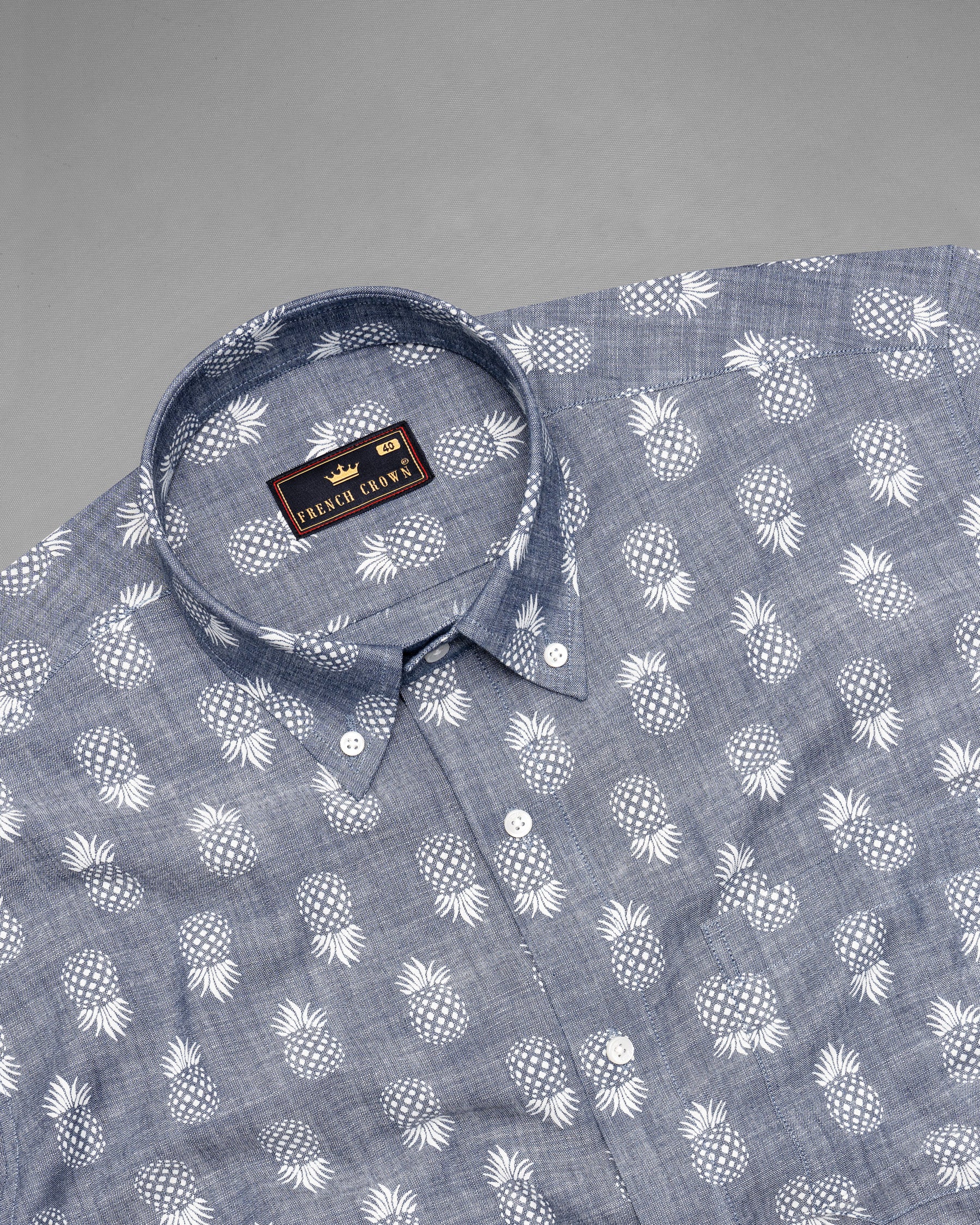 Denim Grey Pineapple Printed Chambray Premium Cotton Shirt 5333-BD-38, 5333-BD-H-38, 5333-BD-39, 5333-BD-H-39, 5333-BD-40, 5333-BD-H-40, 5333-BD-42, 5333-BD-H-42, 5333-BD-44, 5333-BD-H-44, 5333-BD-46, 5333-BD-H-46, 5333-BD-48, 5333-BD-H-48, 5333-BD-50, 5333-BD-H-50, 5333-BD-52, 5333-BD-H-52