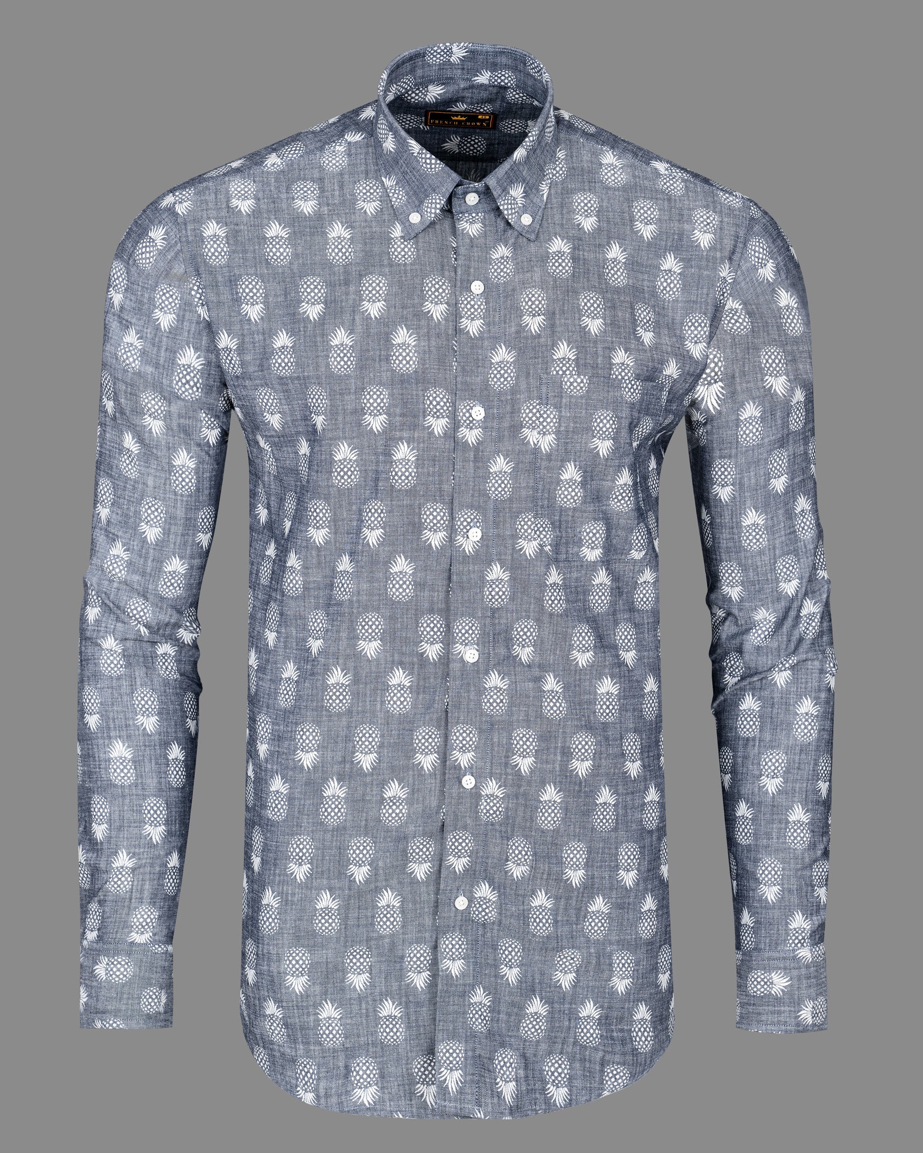 Denim Grey Pineapple Printed Chambray Premium Cotton Shirt 5333-BD-38, 5333-BD-H-38, 5333-BD-39, 5333-BD-H-39, 5333-BD-40, 5333-BD-H-40, 5333-BD-42, 5333-BD-H-42, 5333-BD-44, 5333-BD-H-44, 5333-BD-46, 5333-BD-H-46, 5333-BD-48, 5333-BD-H-48, 5333-BD-50, 5333-BD-H-50, 5333-BD-52, 5333-BD-H-52