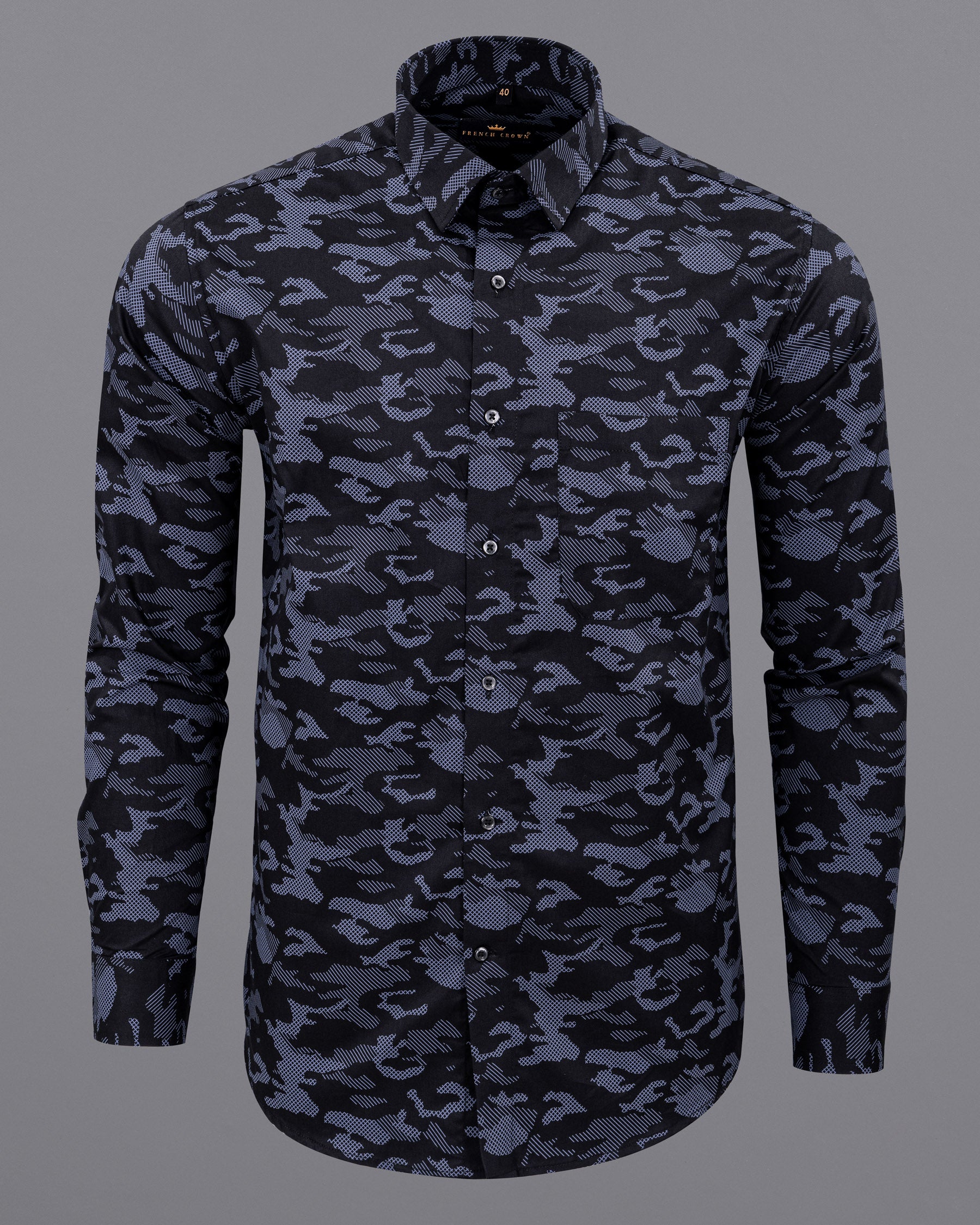 Cinder Black with Waikawa Blue Camo Printed Premium Satin Shirt 5570-BLK-38, 5570-BLK-H-38, 5570-BLK-39, 5570-BLK-H-39, 5570-BLK-40, 5570-BLK-H-40, 5570-BLK-42, 5570-BLK-H-42, 5570-BLK-44, 5570-BLK-H-44, 5570-BLK-46, 5570-BLK-H-46, 5570-BLK-48, 5570-BLK-H-48, 5570-BLK-50, 5570-BLK-H-50, 5570-BLK-52, 5570-BLK-H-52