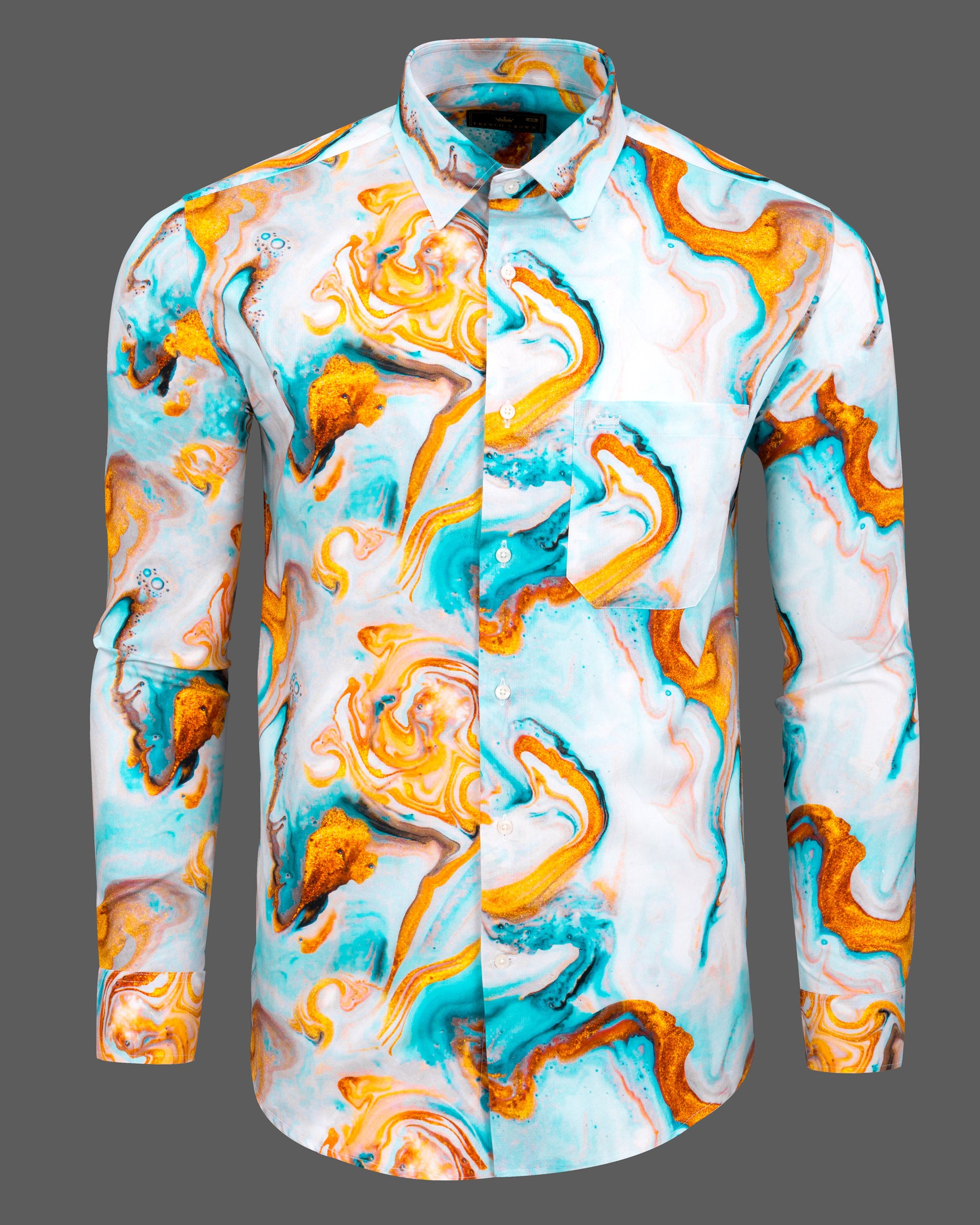 Aqua with fire orange fluid printed Dobby Textured Premium Giza Cotton Shirt 5602-38, 5602-H-38, 5602-39, 5602-H-39, 5602-40, 5602-H-40, 5602-42, 5602-H-42, 5602-44, 5602-H-44, 5602-46, 5602-H-46, 5602-48, 5602-H-48, 5602-50, 5602-H-50, 5602-52, 5602-H-52