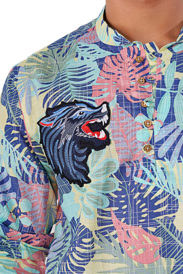 Celestial Blue and Hibiscus Pink Multicolour Leaves Printed with Wolf Patchwork Chambray Kurta Shirt
