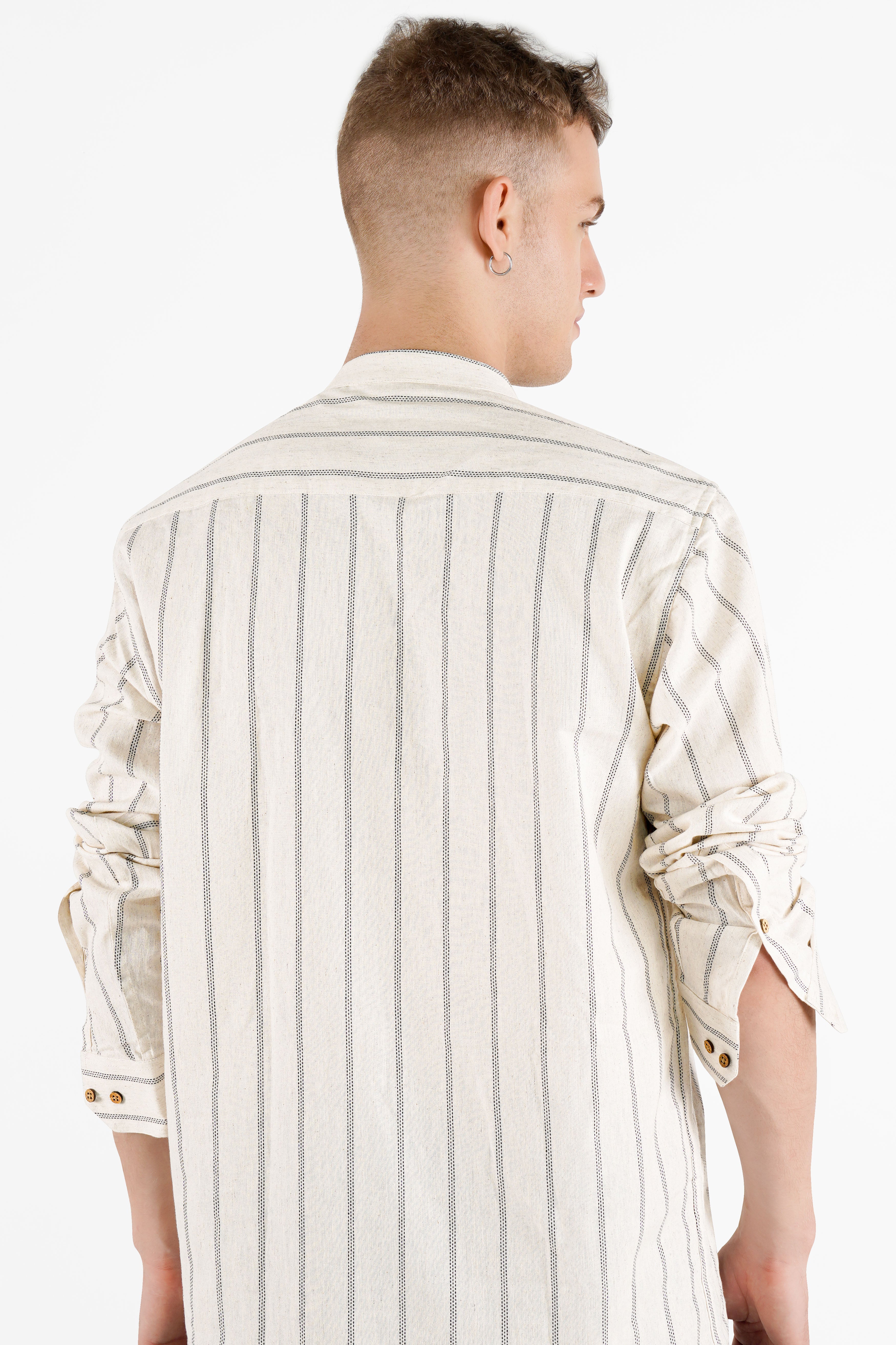 Almond Brown with Black Striped Hand Painted Luxurious Linen Designer Kurta Shirt