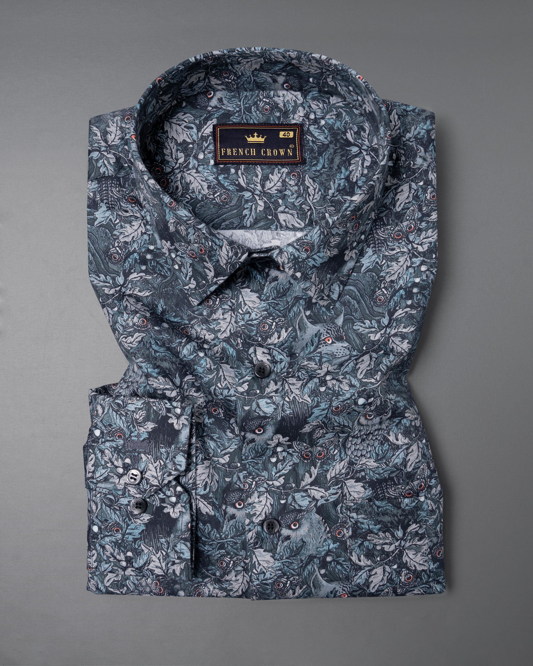 Storm Grey Owl Printed Super Soft Premium Cotton Shirt 5772-BLK-38, 5772-BLK-H-38, 5772-BLK-39, 5772-BLK-H-39, 5772-BLK-40, 5772-BLK-H-40, 5772-BLK-42, 5772-BLK-H-42, 5772-BLK-44, 5772-BLK-H-44, 5772-BLK-46, 5772-BLK-H-46, 5772-BLK-48, 5772-BLK-H-48, 5772-BLK-50, 5772-BLK-H-50, 5772-BLK-52, 5772-BLK-H-52