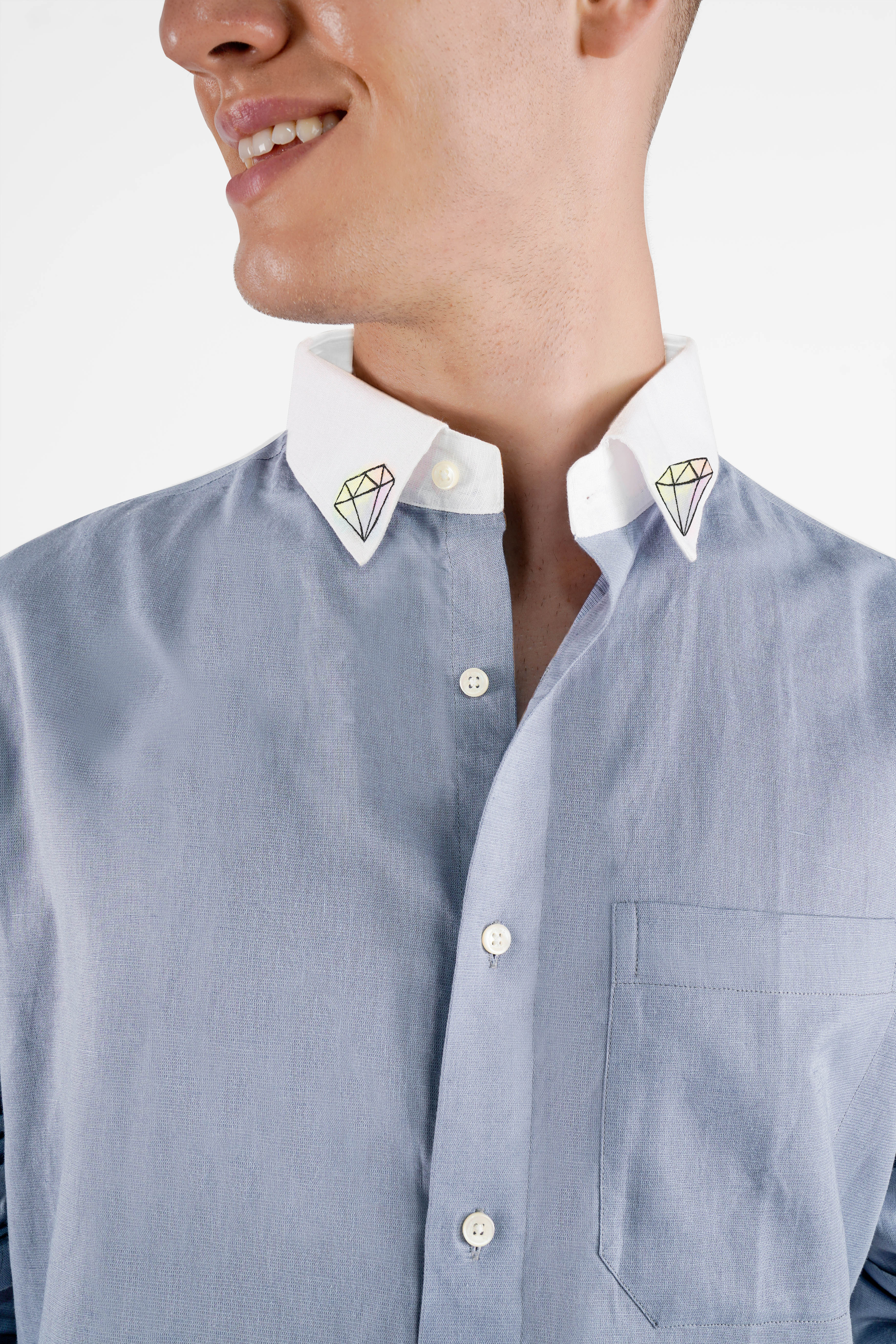 Yonder Blue with White Collar and Cuffs Hand Painted Luxurious Linen Designer Shirt