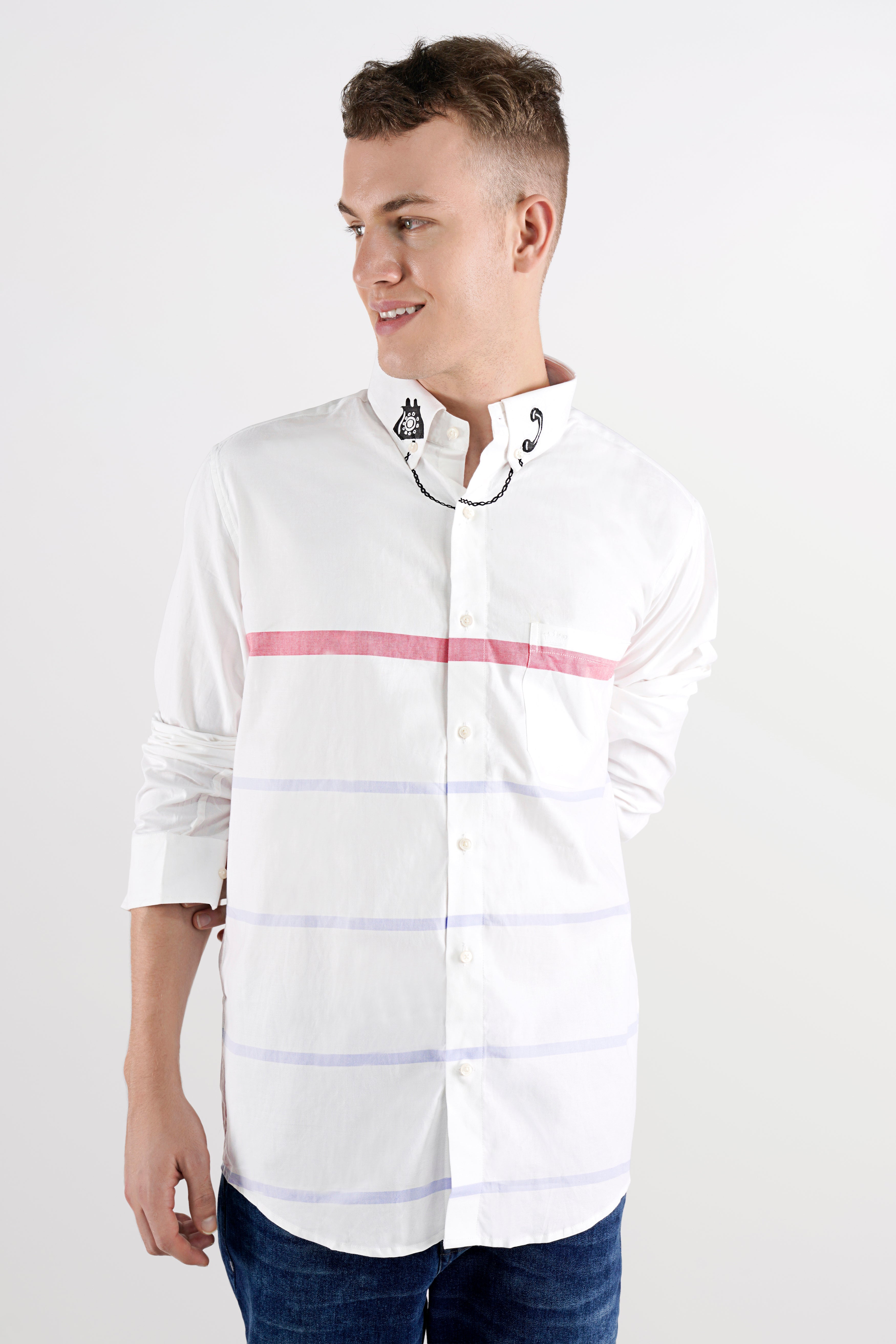Bright White with Carnberry Pink and Heather Blue Striped Hand Painted Royal Oxford Designer Shirt