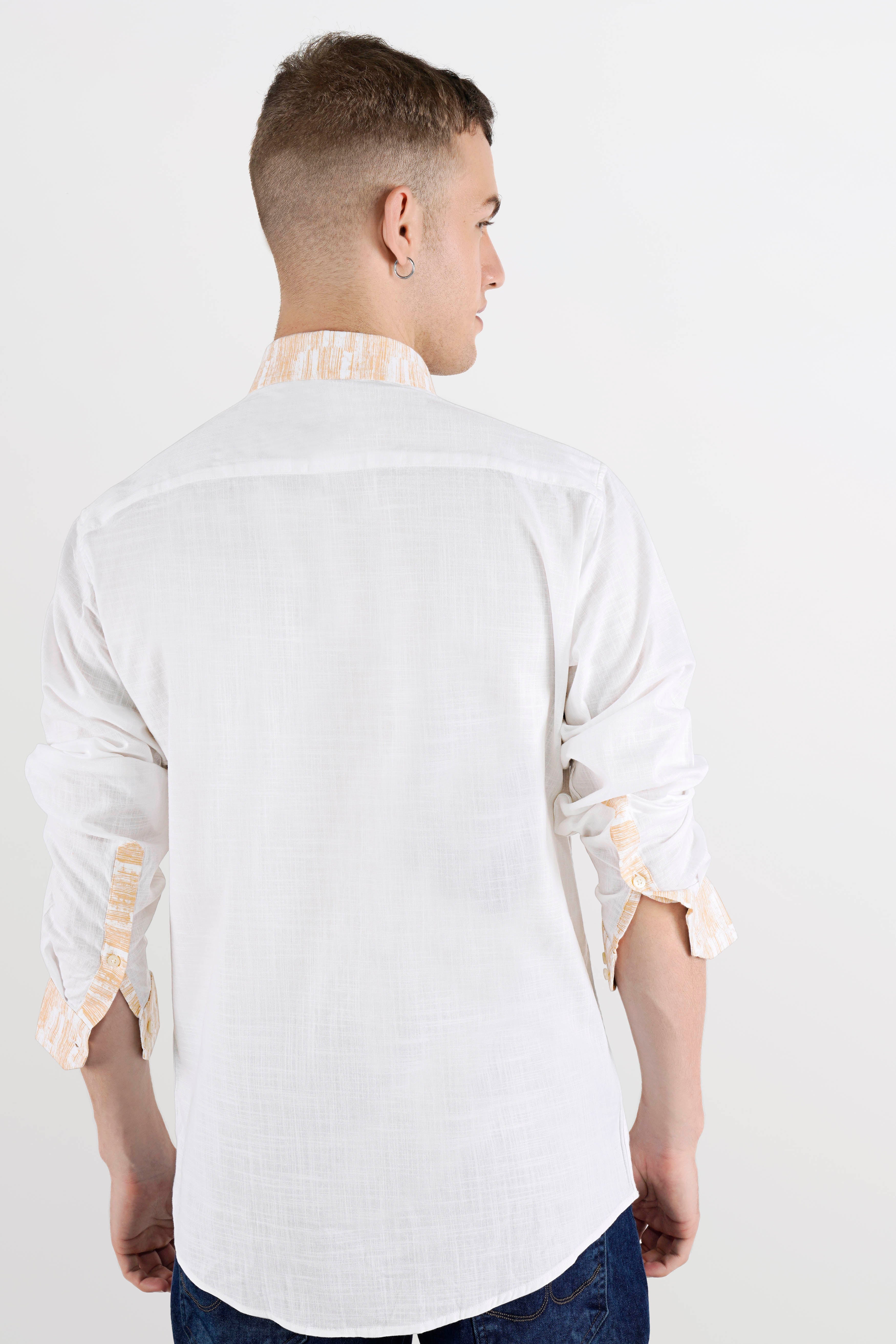 Bright White with Melon Beige Hand Painted Luxurious Linen Designer Shirt