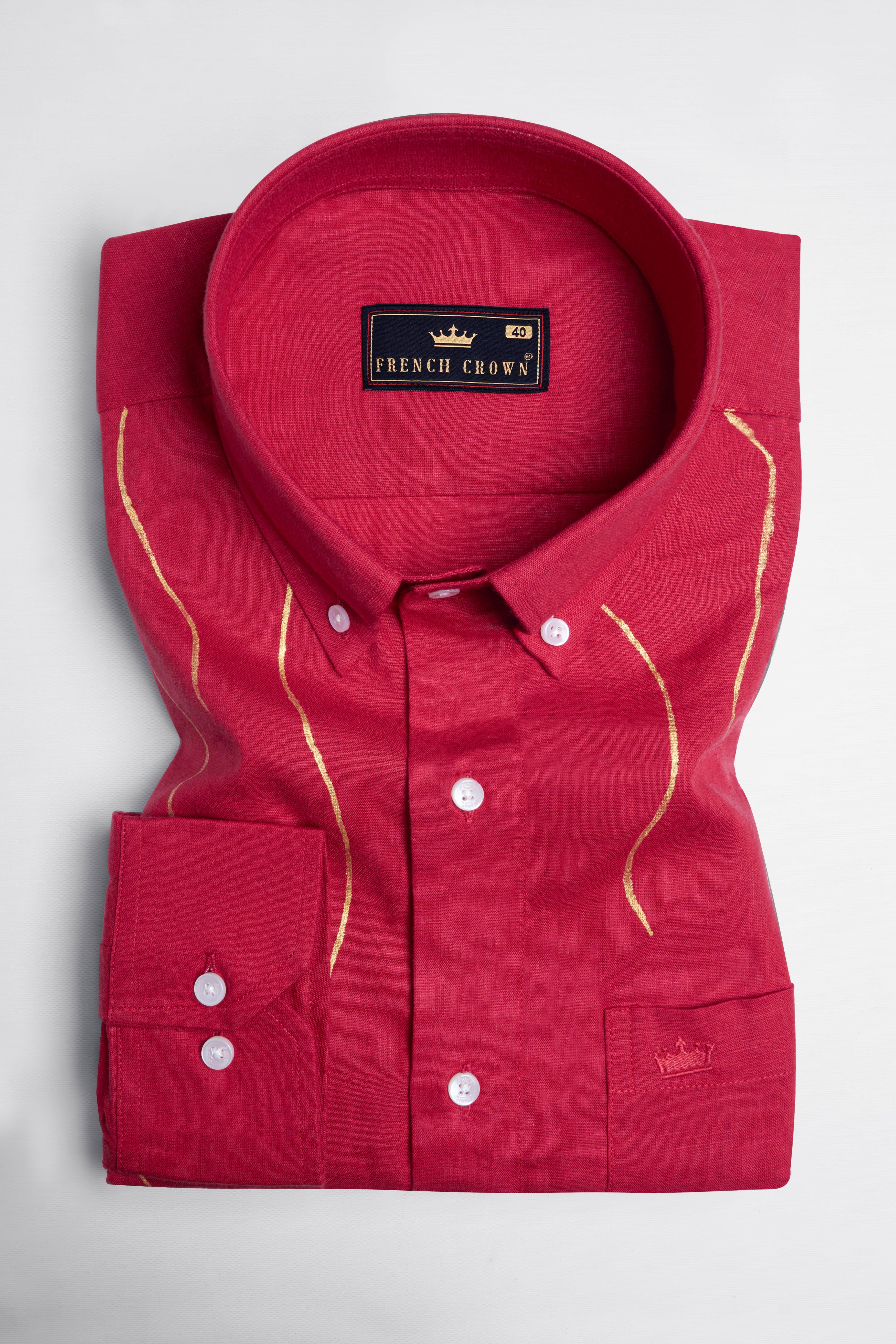 Carmine Red with Gold Hand Painted Luxurious Linen Designer Shirt