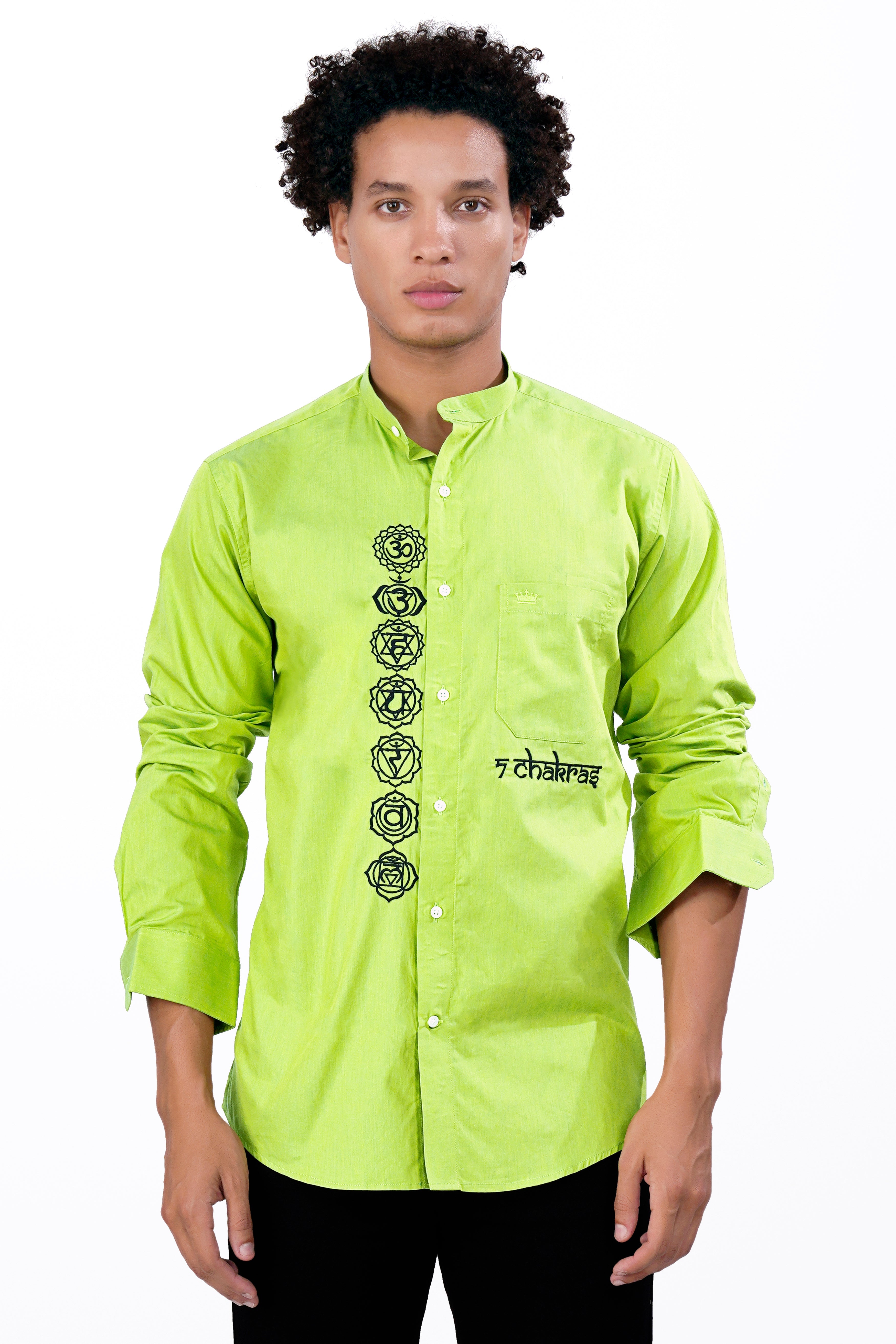 Conifer Green 7 Chakras Embroidered Chambray Designer Shirt 6105-M-E217-38, 6105-M-E217-H-38, 6105-M-E217-39, 6105-M-E217-H-39, 6105-M-E217-40, 6105-M-E217-H-40, 6105-M-E217-42, 6105-M-E217-H-42, 6105-M-E217-44, 6105-M-E217-H-44, 6105-M-E217-46, 6105-M-E217-H-46, 6105-M-E217-48, 6105-M-E217-H-48, 6105-M-E217-50, 6105-M-E217-H-50, 6105-M-E217-52, 6105-M-E217-H-52