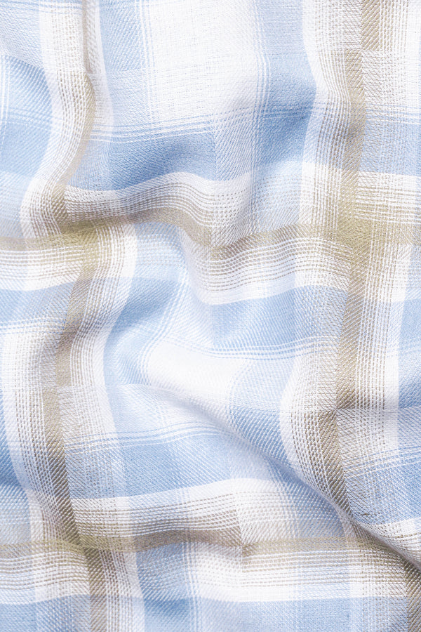 Bright White with Waikawa Blue and Malta Brown Checkered Hand Painted Twill Premium Cotton Designer Shirt