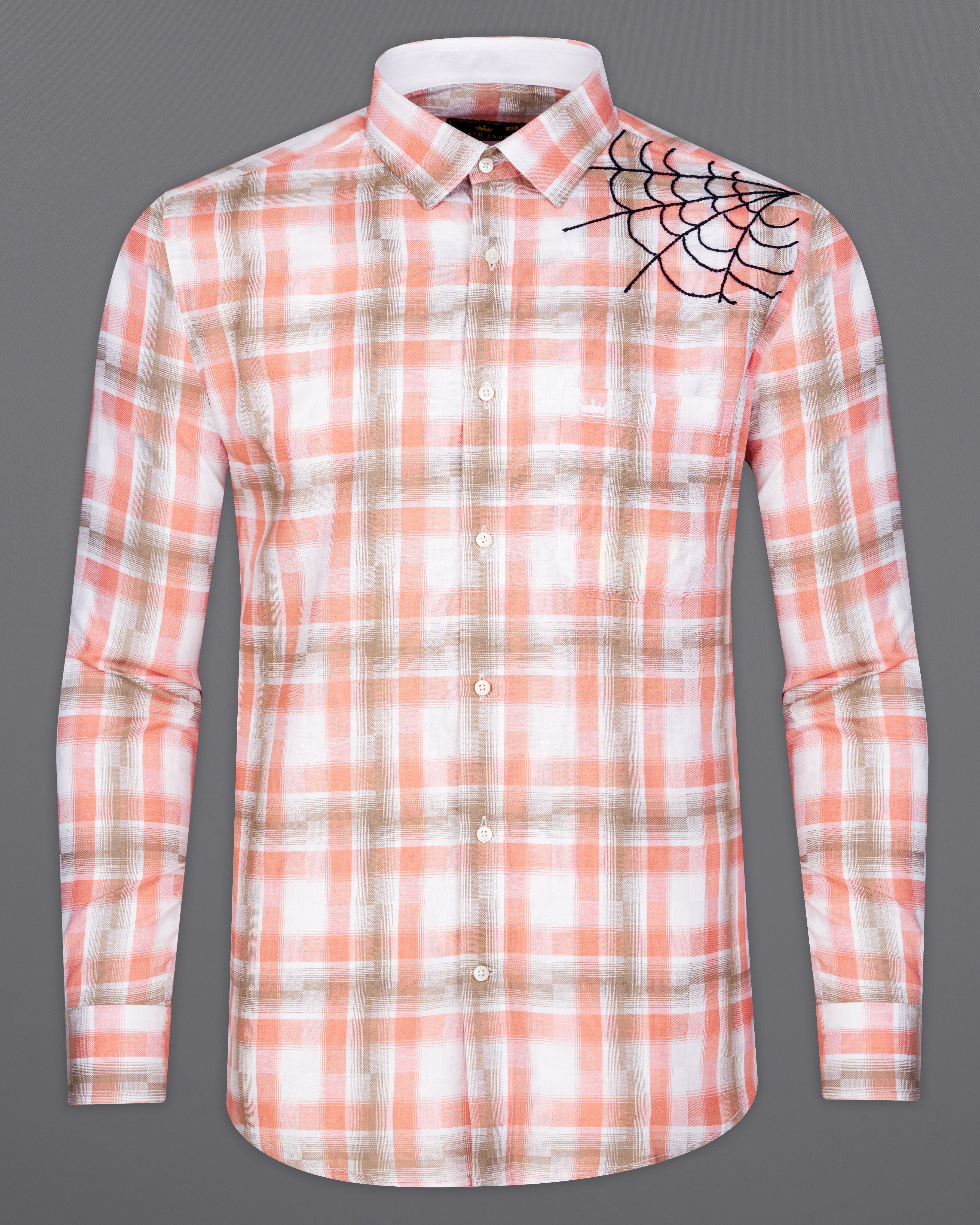 Tangerine Orange with Turkey Brown Checkered Hand Embroidered Work Twill Premium Cotton Designer  Shirt 6288-CP-E063-38, 6288-CP-E063-H-38, 6288-CP-E063-39, 6288-CP-E063-H-39, 6288-CP-E063-40, 6288-CP-E063-H-40, 6288-CP-E063-42, 6288-CP-E063-H-42, 6288-CP-E063-44, 6288-CP-E063-H-44, 6288-CP-E063-46, 6288-CP-E063-H-46, 6288-CP-E063-48, 6288-CP-E063-H-48, 6288-CP-E063-50, 6288-CP-E063-H-50, 6288-CP-E063-52, 6288-CP-E063-H-52