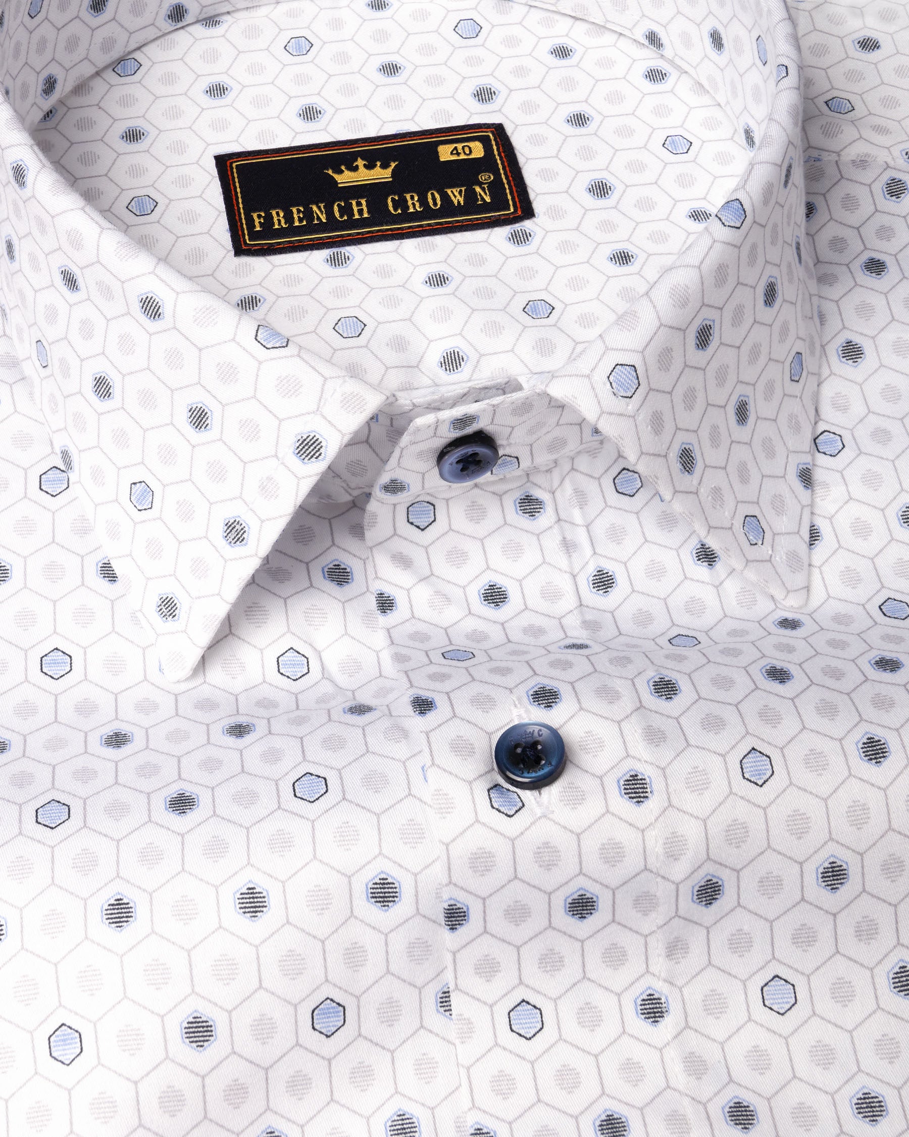 Bright White Hexagon Printed Super Soft Premium Cotton Shirt 6291-BLE-38, 6291-BLE-H-38, 6291-BLE-39, 6291-BLE-H-39, 6291-BLE-40, 6291-BLE-H-40, 6291-BLE-42, 6291-BLE-H-42, 6291-BLE-44, 6291-BLE-H-44, 6291-BLE-46, 6291-BLE-H-46, 6291-BLE-48, 6291-BLE-H-48, 6291-BLE-50, 6291-BLE-H-50, 6291-BLE-52, 6291-BLE-H-52