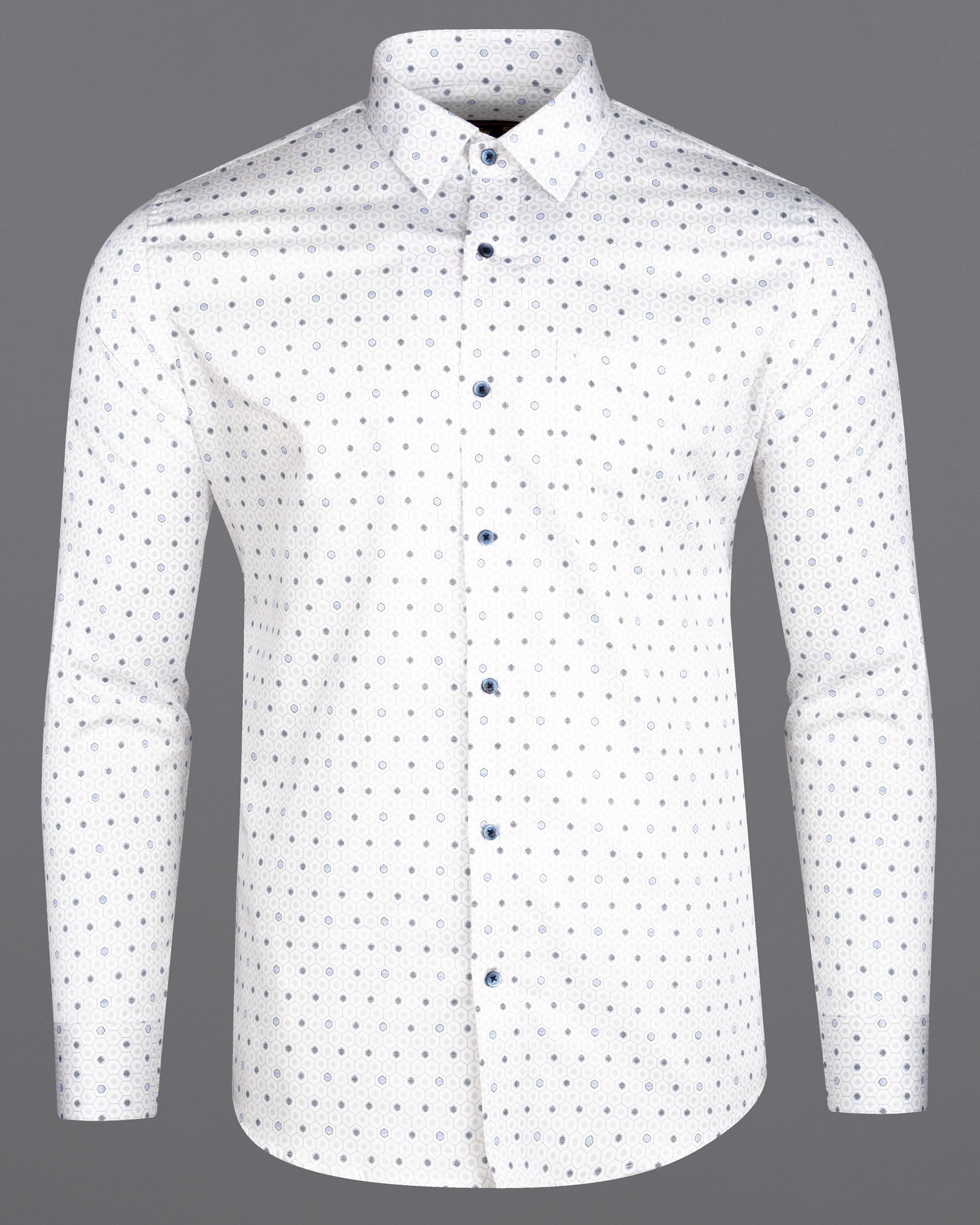 Bright White Hexagon Printed Super Soft Premium Cotton Shirt