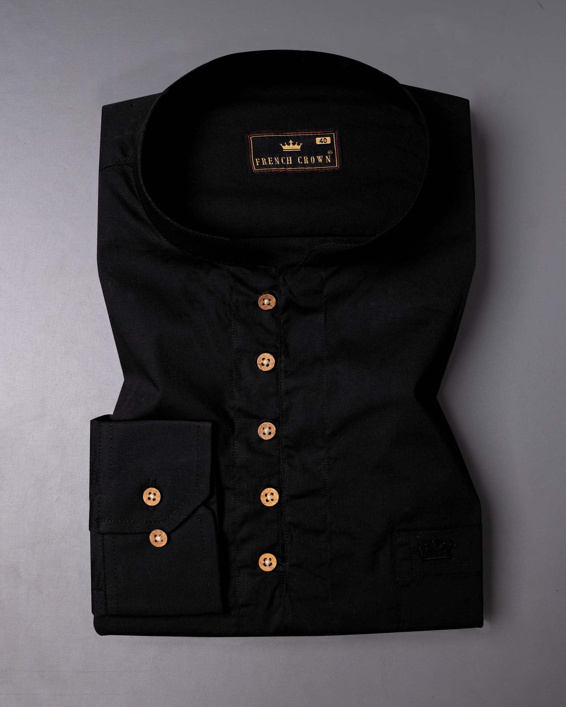 Jade Black Plain-Solid Premium Cotton Indian Kurta Style Shirt For