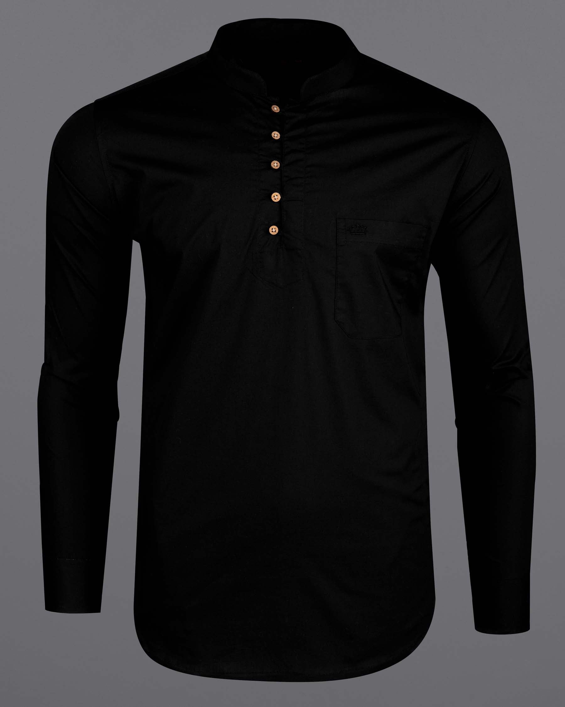 Jade Black Plain-Solid Premium Cotton Indian Kurta Style Shirt For