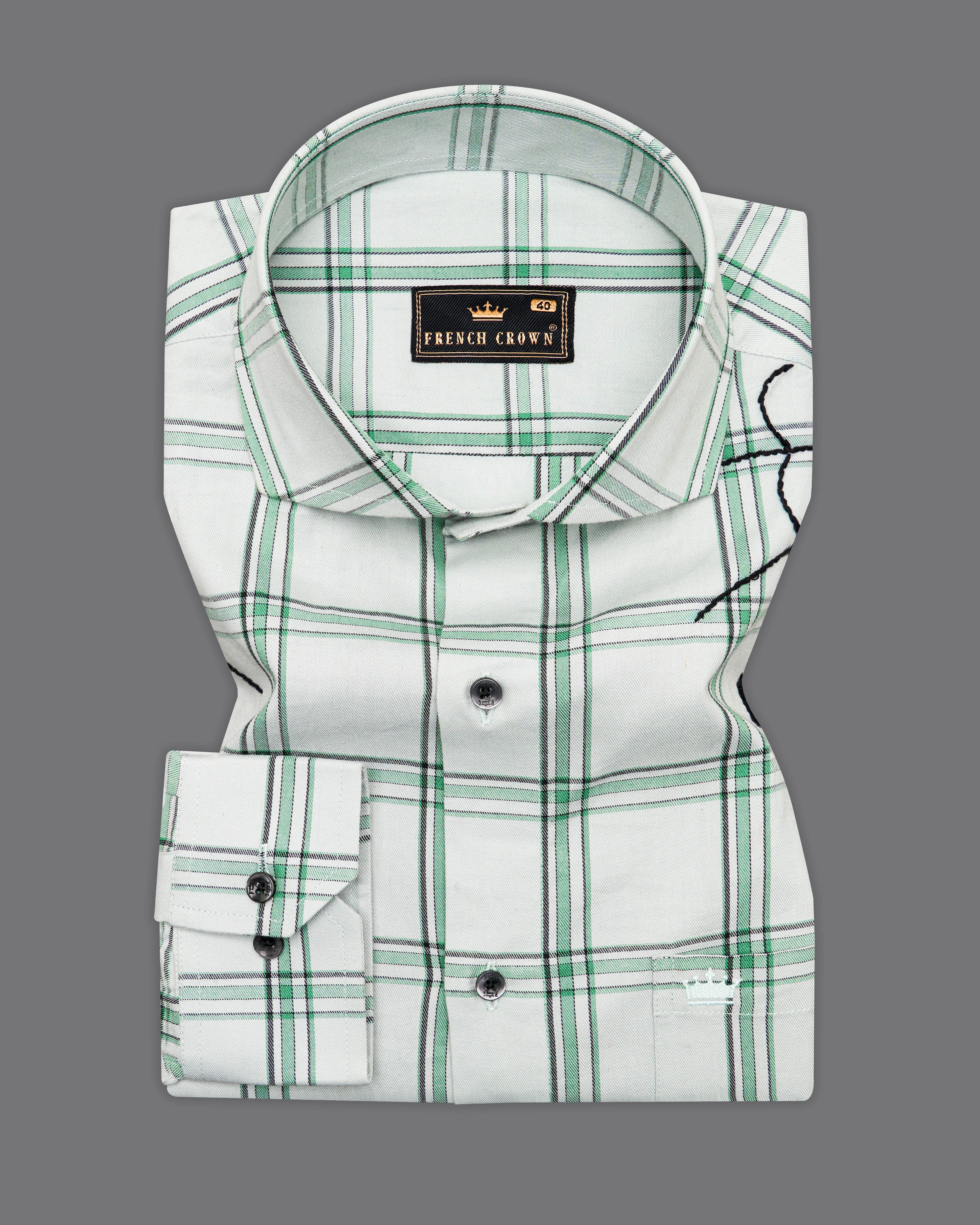 Iron Gray With Green Twill Checkered Premium Cotton Web Hand Embroidered Designer Shirt 6351-CA-BLK-EH063-38, 6351-CA-BLK-EH063-H-38, 6351-CA-BLK-EH063-39, 6351-CA-BLK-EH063-H-39, 6351-CA-BLK-EH063-40, 6351-CA-BLK-EH063-H-40, 6351-CA-BLK-EH063-42, 6351-CA-BLK-EH063-H-42, 6351-CA-BLK-EH063-44, 6351-CA-BLK-EH063-H-44, 6351-CA-BLK-EH063-46, 6351-CA-BLK-EH063-H-46, 6351-CA-BLK-EH063-48, 6351-CA-BLK-EH063-H-48, 6351-CA-BLK-EH063-50, 6351-CA-BLK-EH063-H-50, 6351-CA-BLK-EH063-52, 6351-CA-BLK-EH063-H-52