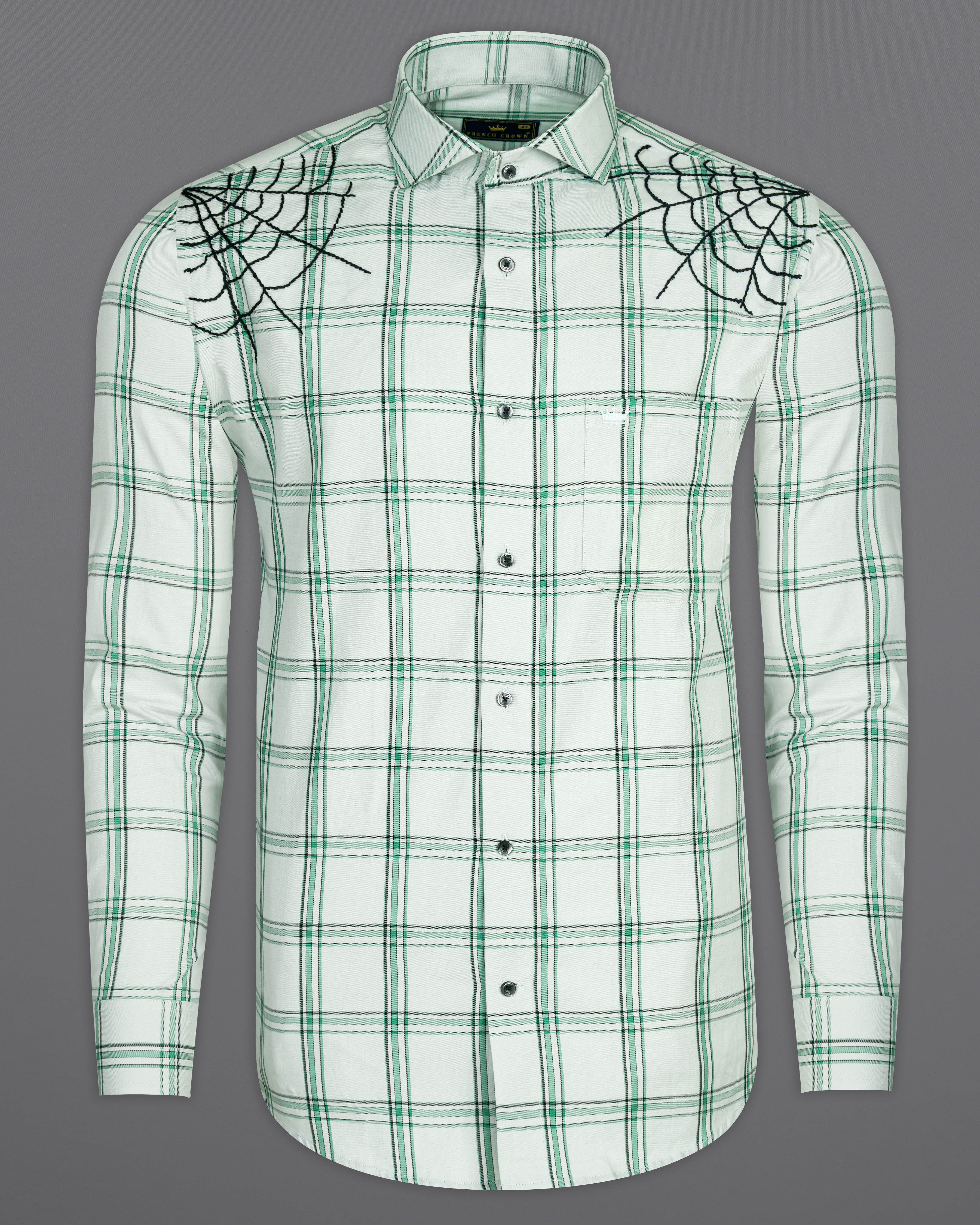 Iron Gray With Green Twill Checkered Premium Cotton Web Hand Embroidered Designer Shirt 6351-CA-BLK-EH063-38, 6351-CA-BLK-EH063-H-38, 6351-CA-BLK-EH063-39, 6351-CA-BLK-EH063-H-39, 6351-CA-BLK-EH063-40, 6351-CA-BLK-EH063-H-40, 6351-CA-BLK-EH063-42, 6351-CA-BLK-EH063-H-42, 6351-CA-BLK-EH063-44, 6351-CA-BLK-EH063-H-44, 6351-CA-BLK-EH063-46, 6351-CA-BLK-EH063-H-46, 6351-CA-BLK-EH063-48, 6351-CA-BLK-EH063-H-48, 6351-CA-BLK-EH063-50, 6351-CA-BLK-EH063-H-50, 6351-CA-BLK-EH063-52, 6351-CA-BLK-EH063-H-52