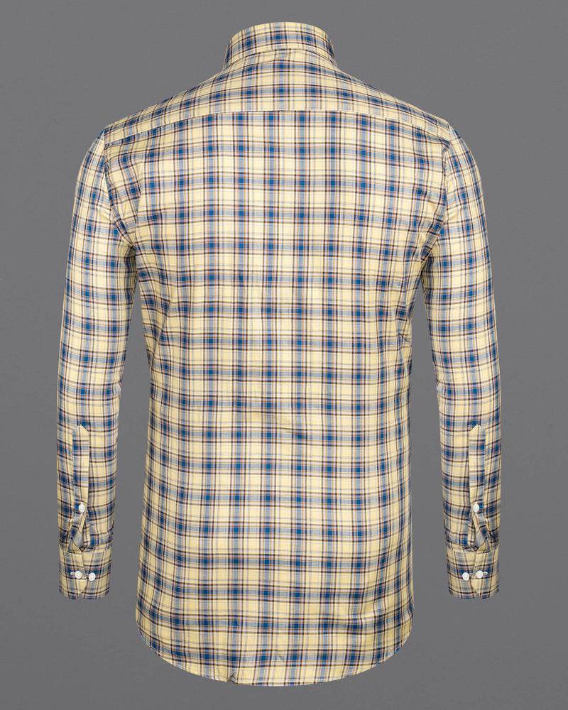 Double Pearl Beige and Astral Blue Plaid Twill Textured Premium Cotton Shirt