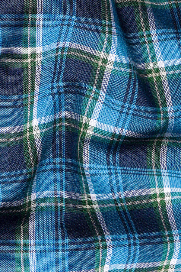 Celestial Blue Multicolour Checkered with Puppy Patchwork Premium Cotton Designer Shirt