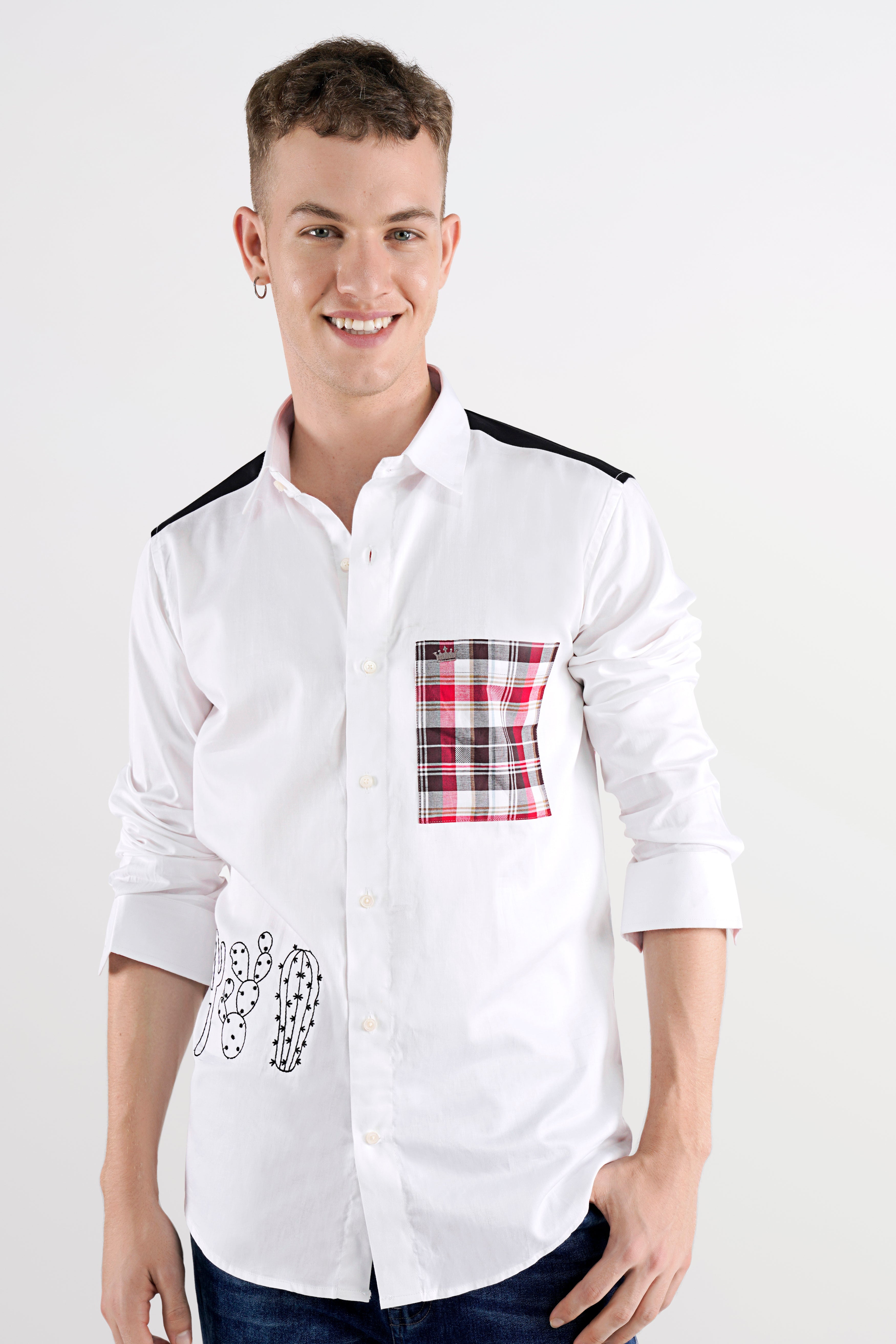 Bright White with Checkered and Embroidered Super Soft Premium Cotton Designer Shirt