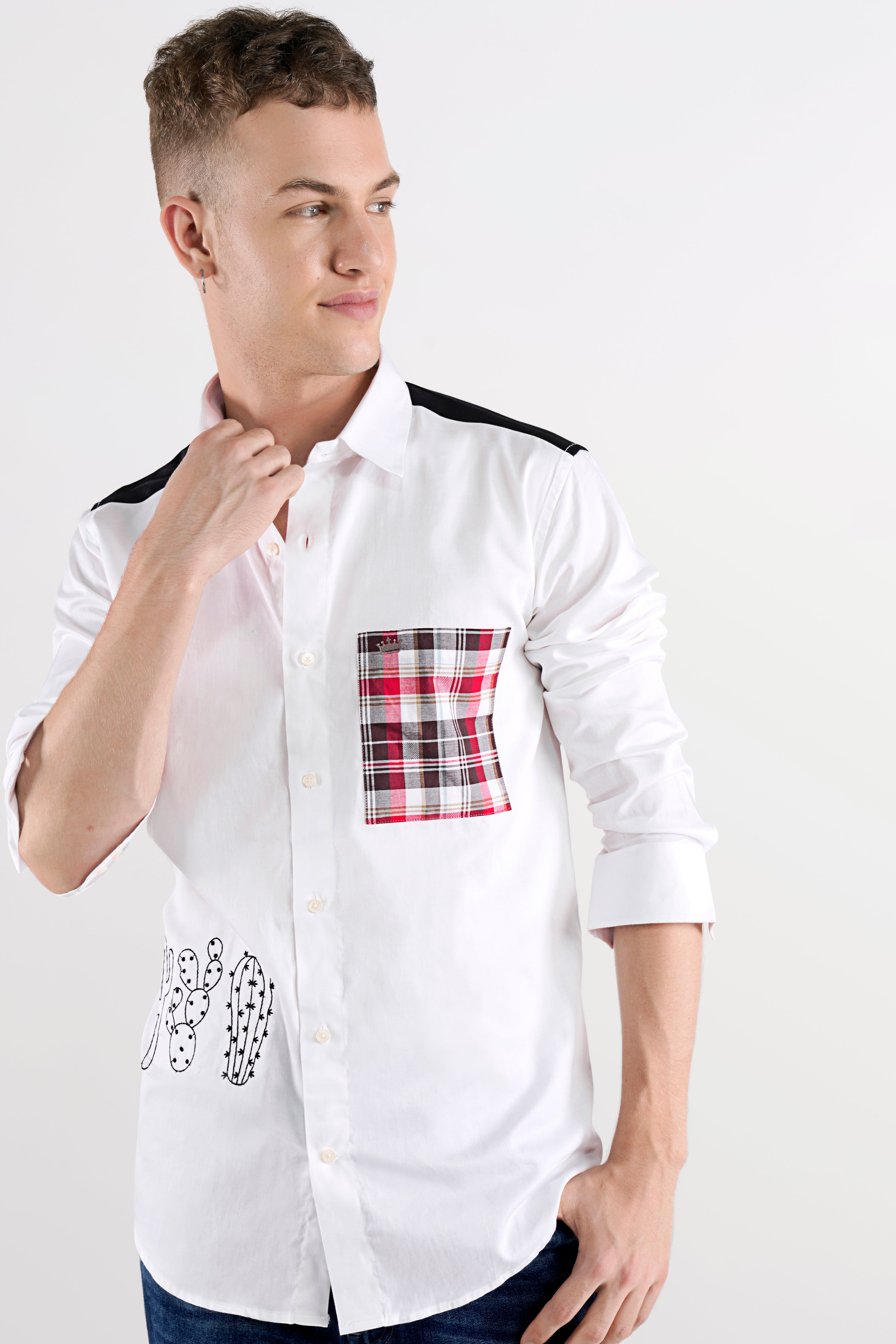 Bright White with Checkered and Embroidered Super Soft Premium Cotton Designer Shirt
