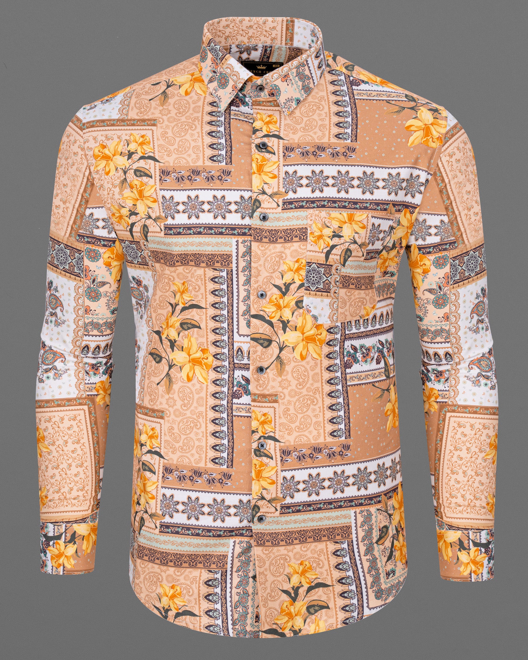 Tan Sandstone Multicolour Unique Floral Printed Twill Textured Premium Cotton Shirt