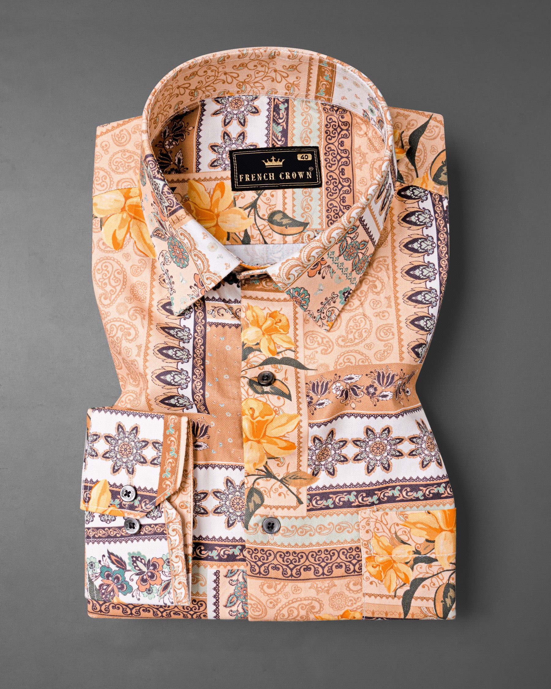 Tan Sandstone Multicolour Unique Floral Printed Twill Textured Premium Cotton Shirt