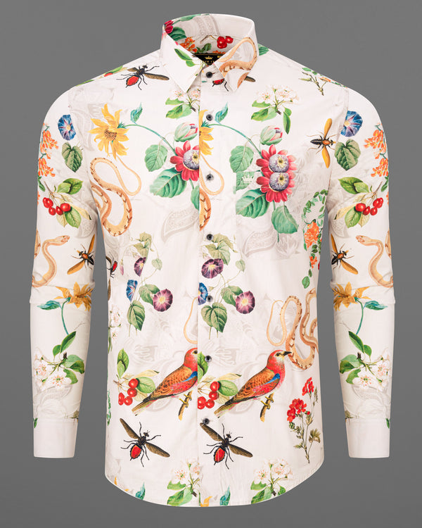 Merino off White and Sage Green wildlife Print Premium Cotton Shirt