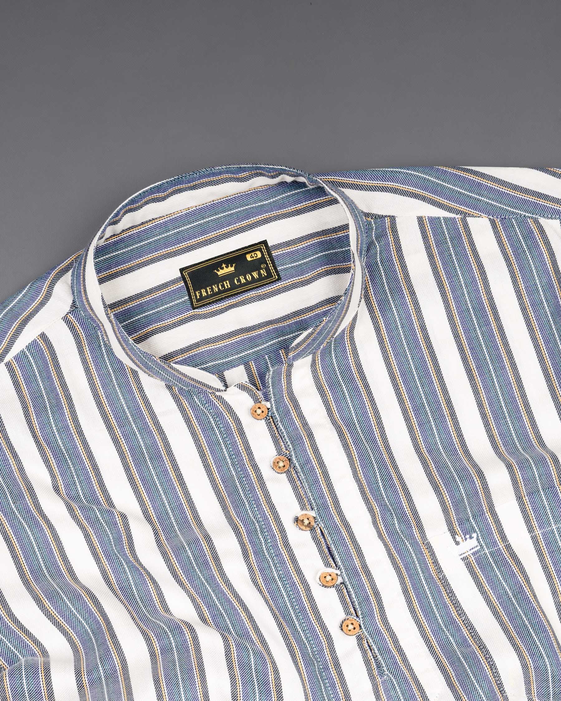 Soapstone White and denim blue Striped Twill Premium Cotton Kurta Shirt