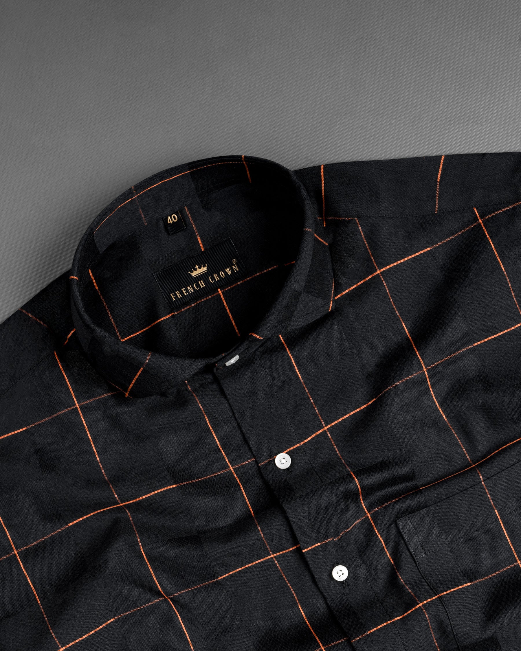 Zeus Black and Pastel Orange Windowpane Dobby Textured Premium Giza Cotton Shirt