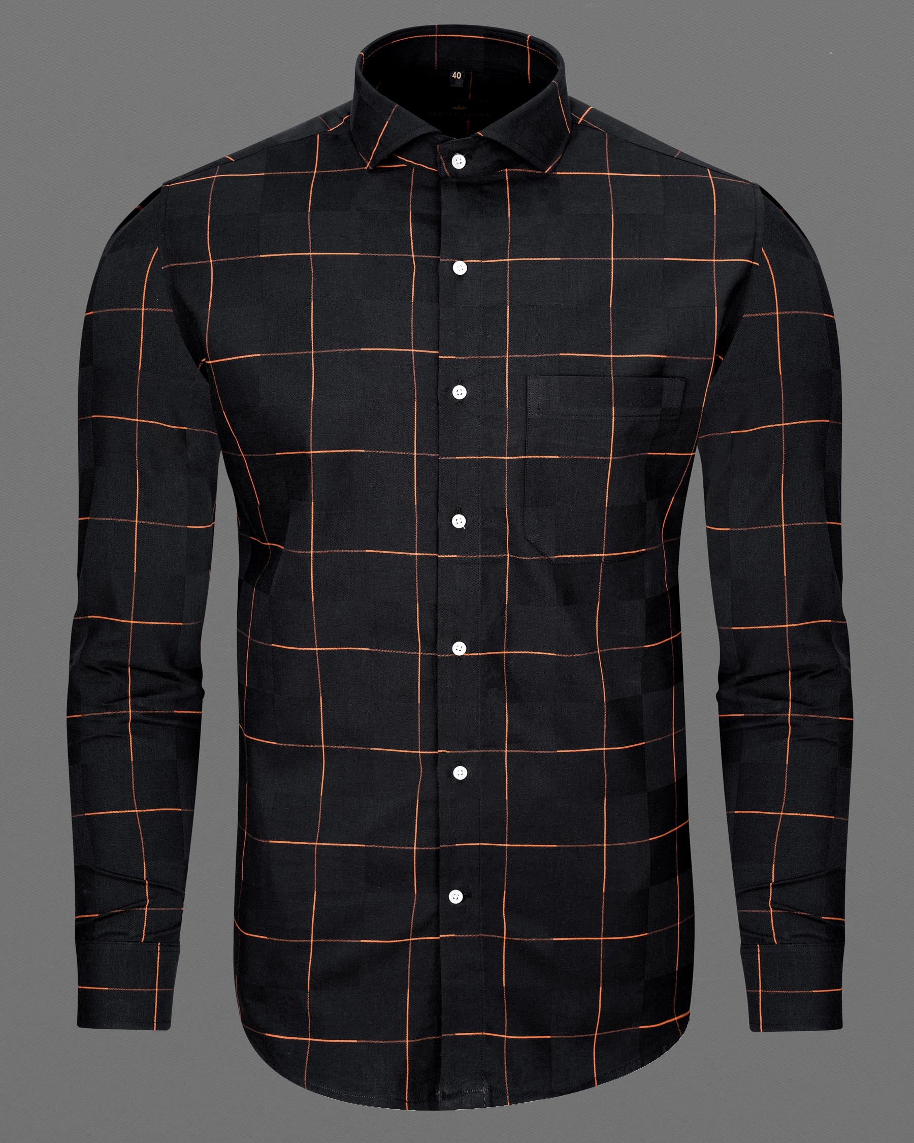 Zeus Black and Pastel Orange Windowpane Dobby Textured Premium Giza Cotton Shirt