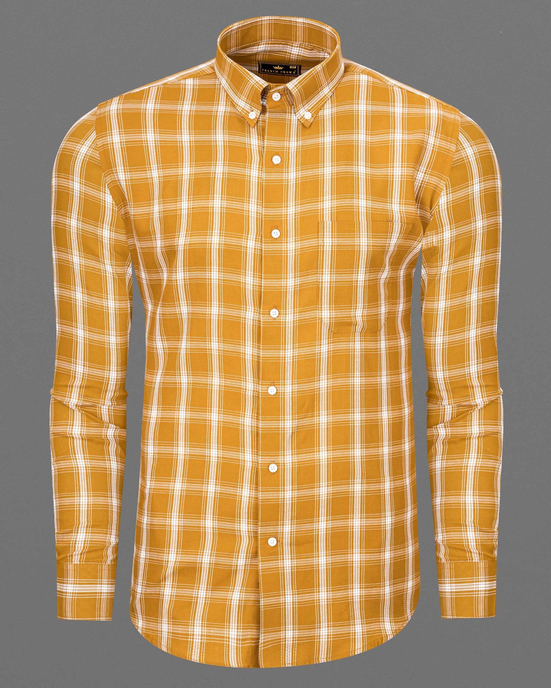 Cantaloupe Brown Plaid Dobby Textured Premium Giza Cotton Shirt