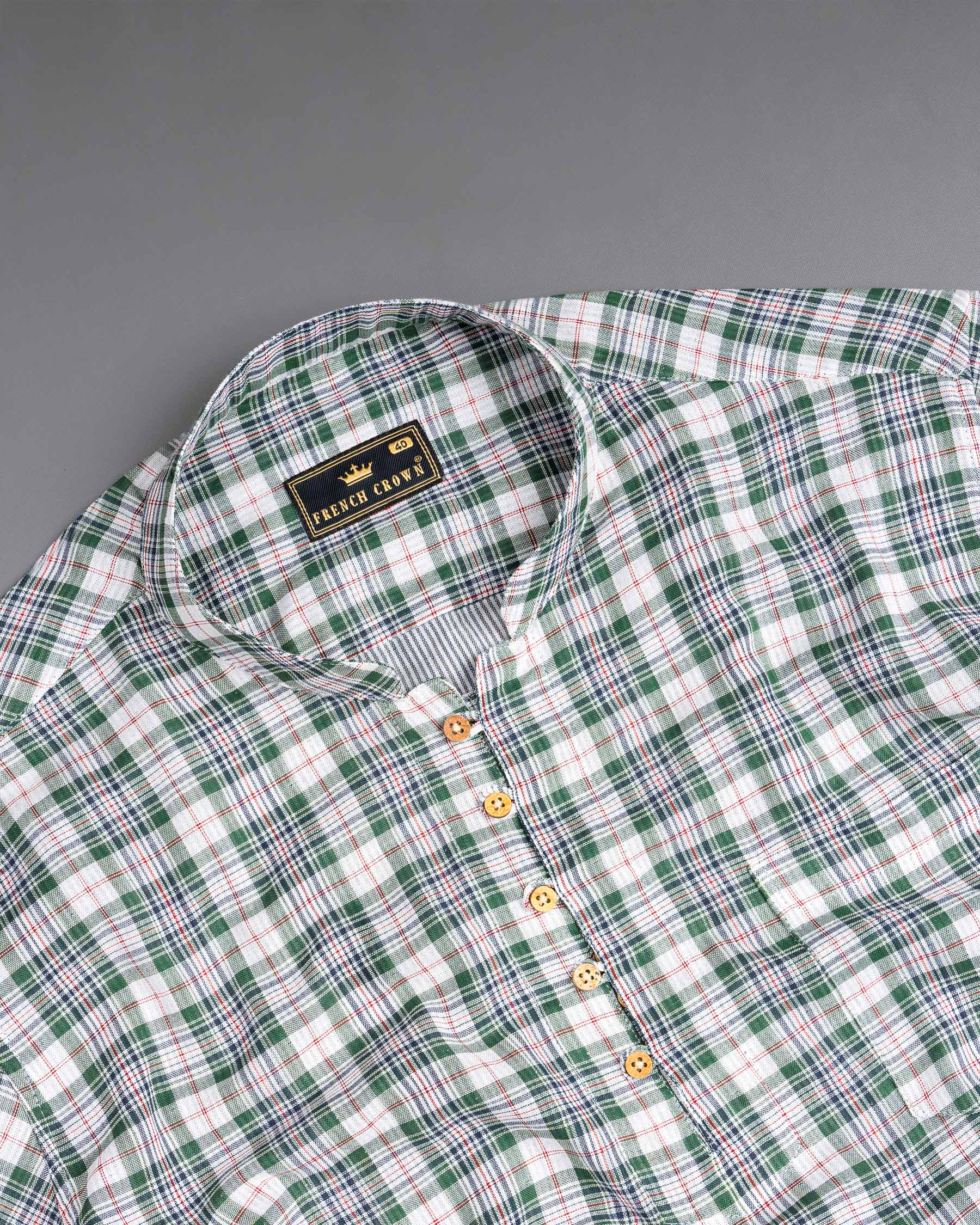 off White and Stromboli Green Plaid Twill Textured Premium Cotton Kurta Shirt