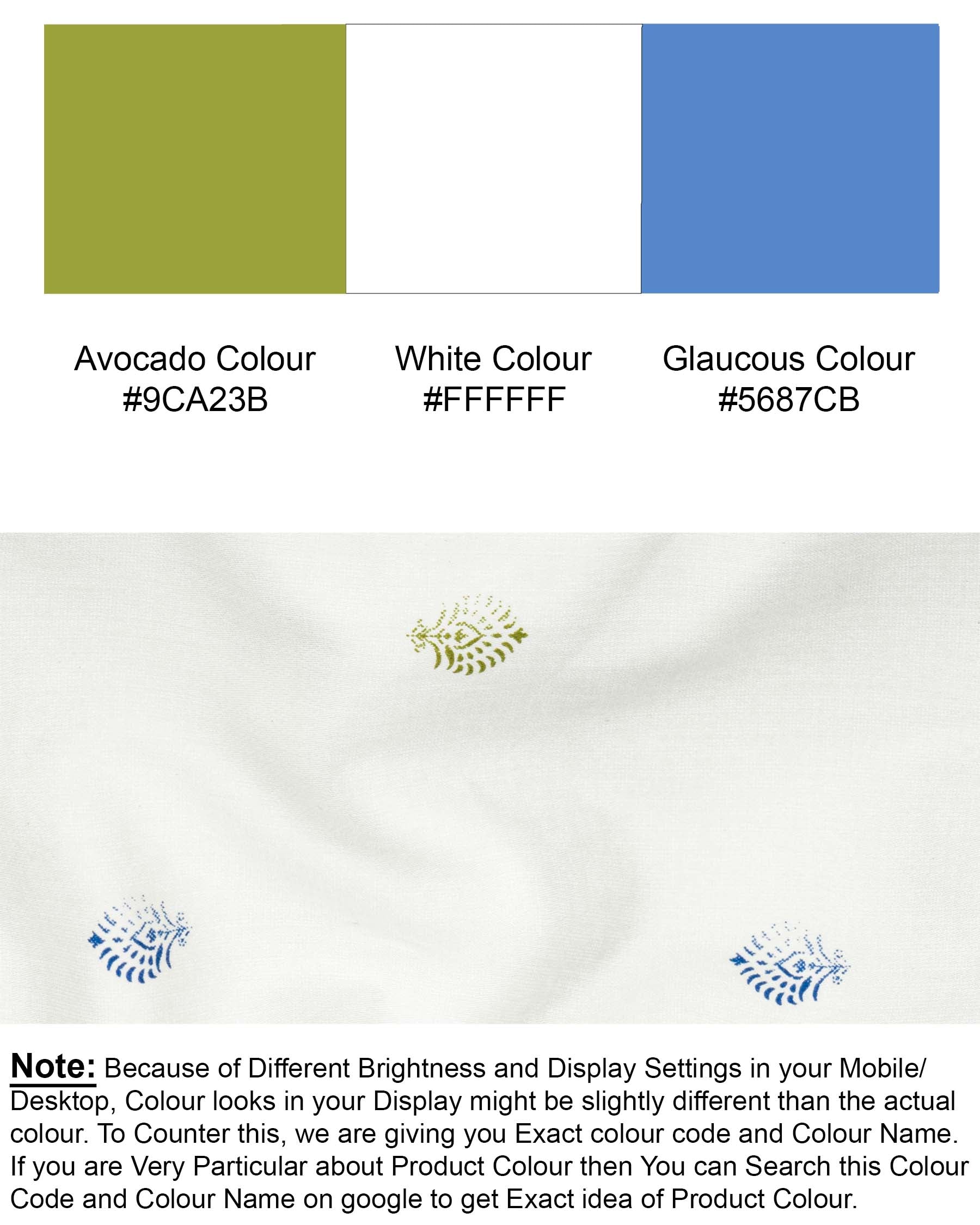 Bright White and Avocado Green Small Motifs Textured Super Soft Premium Cotton Shirt 7142-38,7142-H-38,7142-39,7142-H-39,7142-40,7142-H-40,7142-42,7142-H-42,7142-44,7142-H-44,7142-46,7142-H-46,7142-48,7142-H-48,7142-50,7142-H-50,7142-52,7142-H-52
