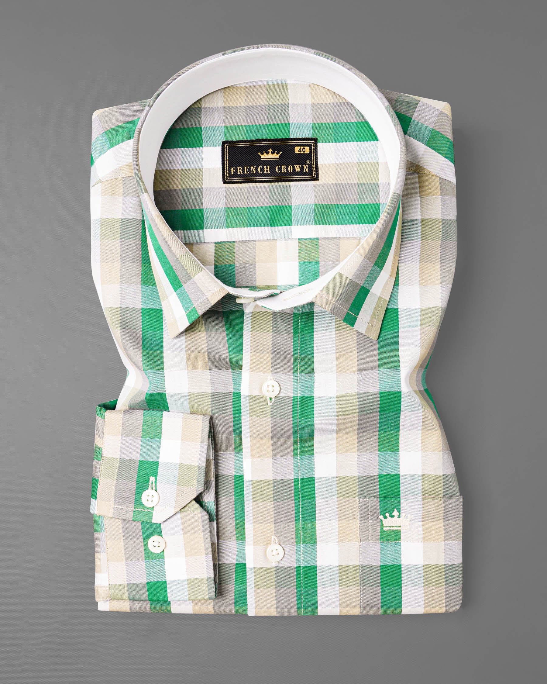 Janna Beige and Greenish Plaid Twill Textured Premium Cotton Shirt