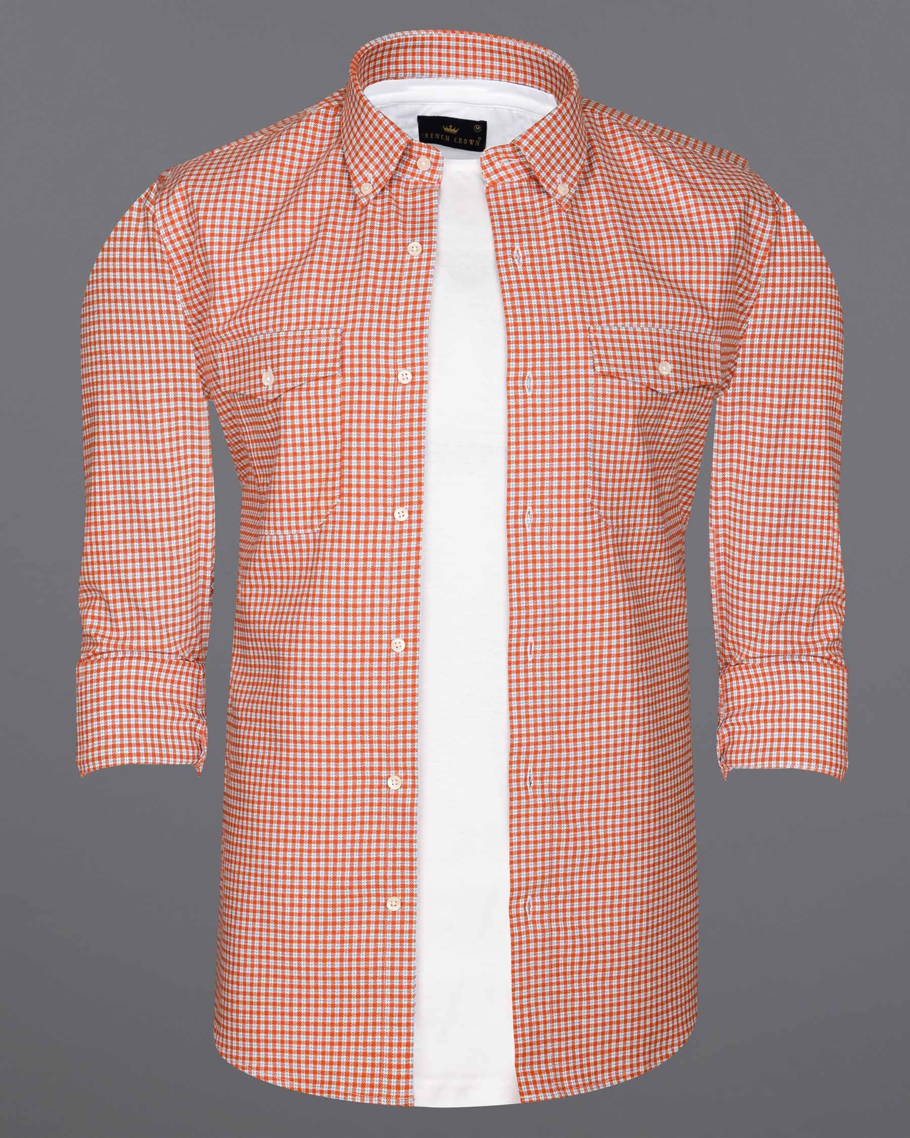 Terra Cotta Orange and White Gingham Oxford Overshirt