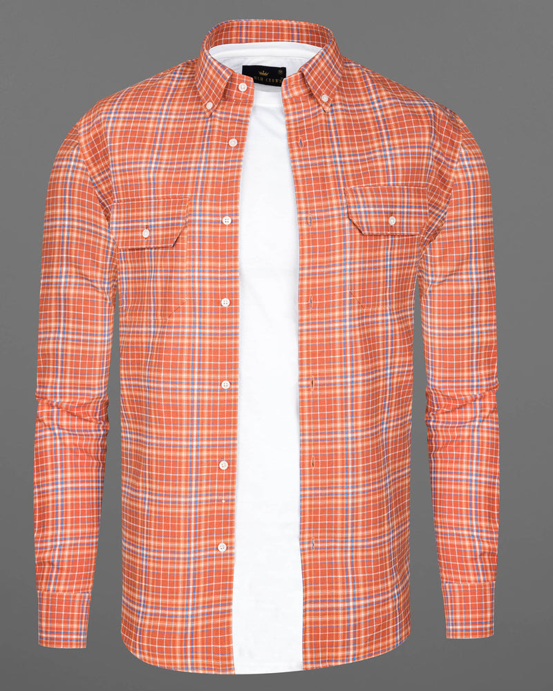 Atomic Tangerine and White Plaid Twill Premium Cotton Overshirt/Shacket