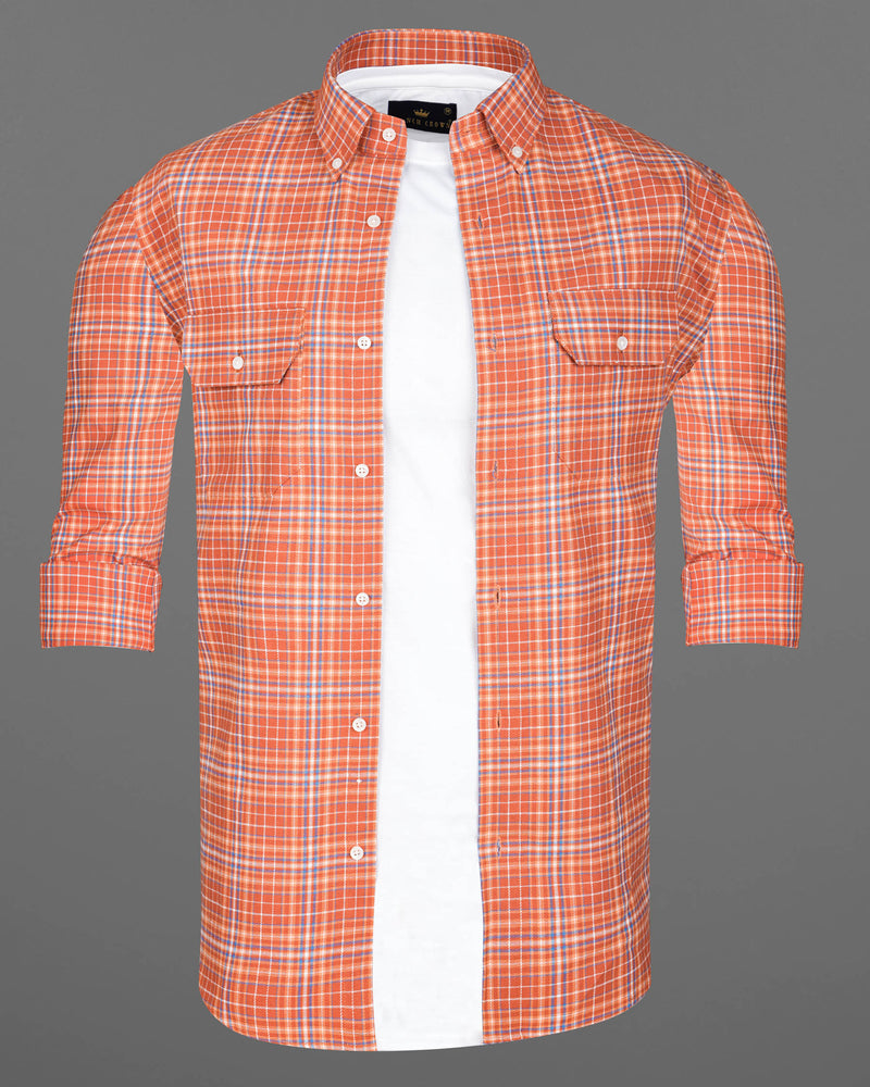 Atomic Tangerine and White Plaid Twill Premium Cotton Overshirt/Shacket