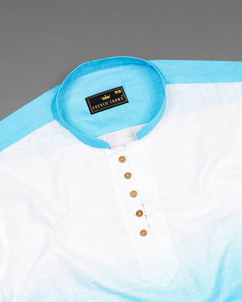 Turquoise Blue with Bright White Luxurious Linen Kurta Shirt