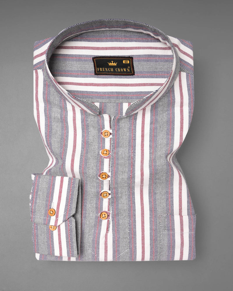Boulder Gray Striped Diagonal Twill Textured Premium Cotton Kurta Shirt