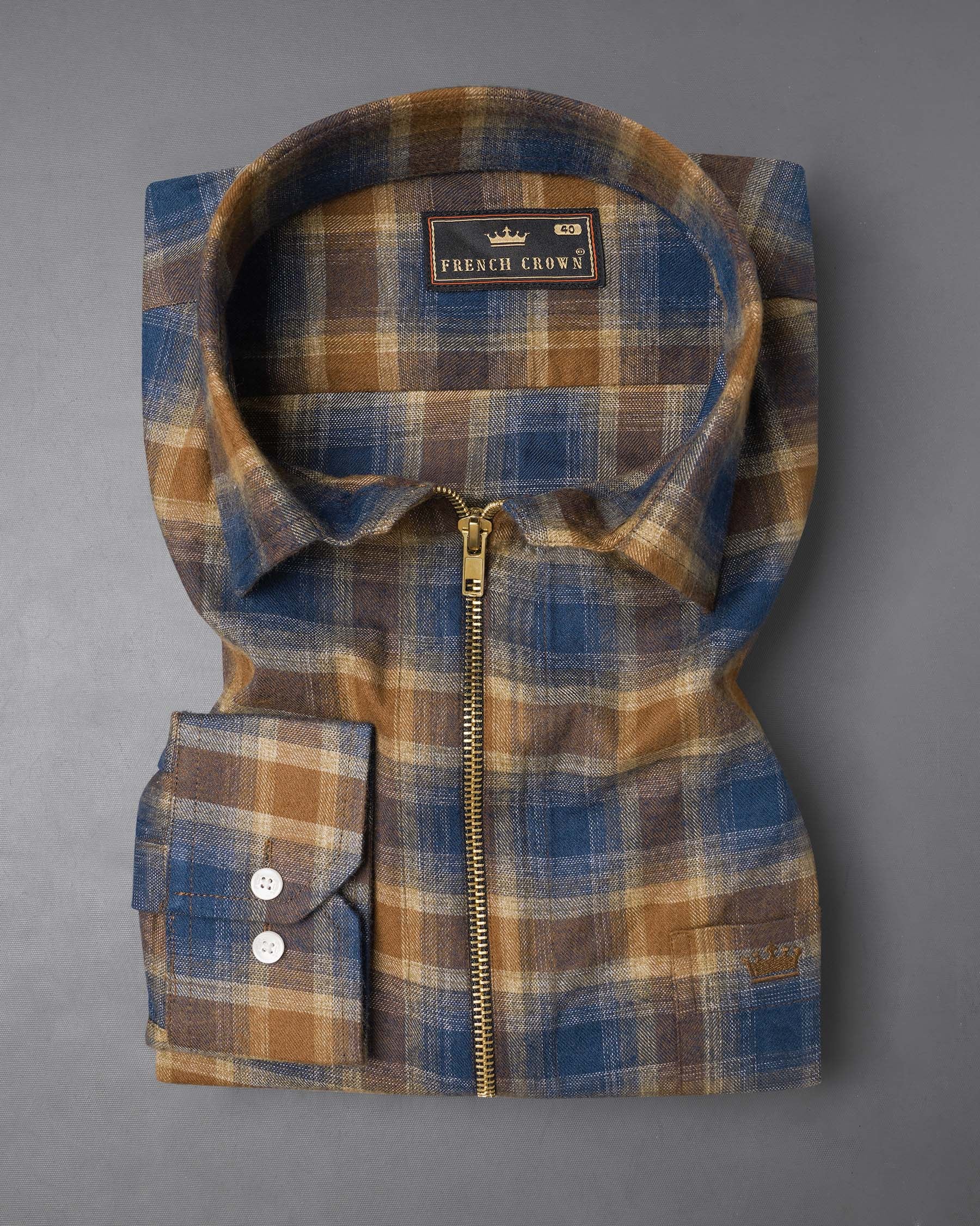 Korma Brown with Cloud Burst Blue Plaid Flannel zipper OverShirt/Shacket