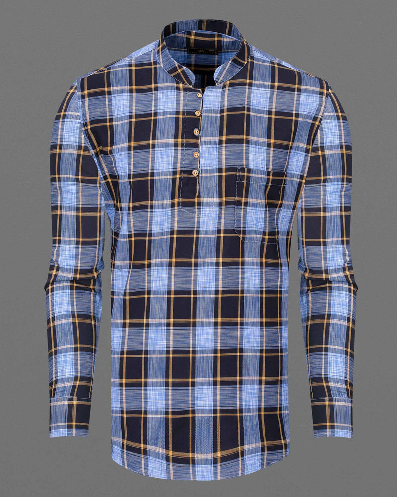 Portage Blue and Jade Black Twill Plaid Premium Cotton Kurta Shirt