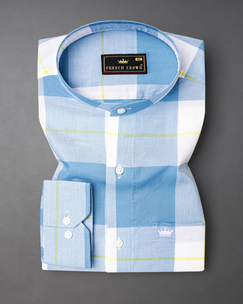 Metallic and Moonstone Blue Plaid Premium Cotton Shirt
