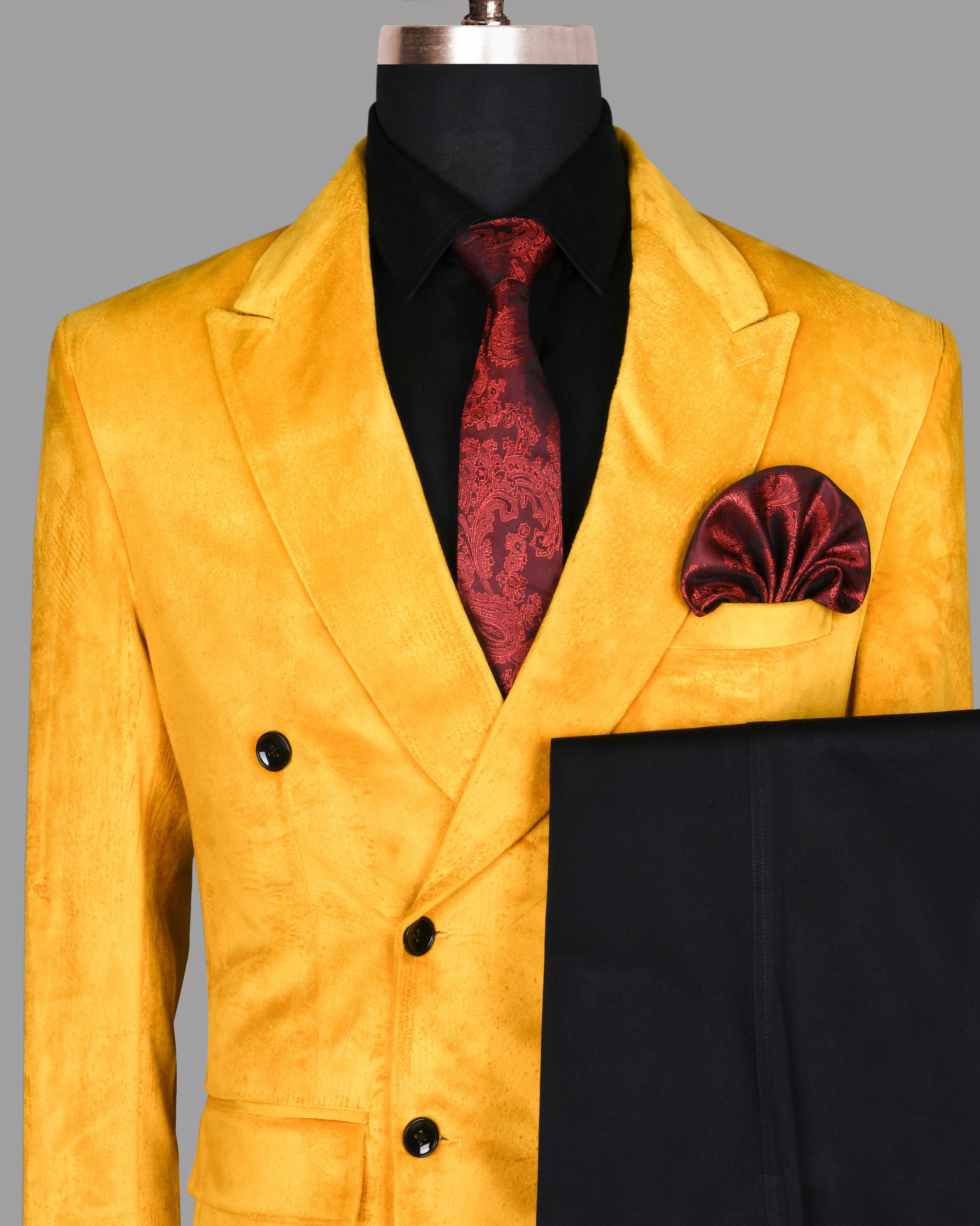 Mustard Velvet Finished Designer Double Breasted Suit